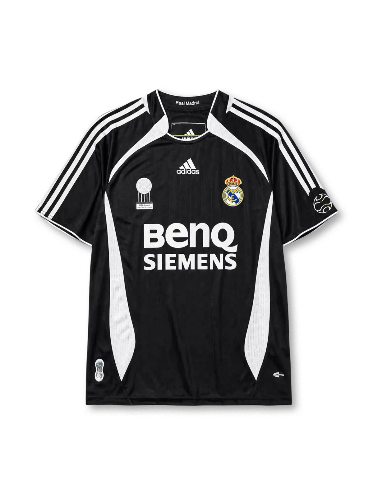 Real Madrid 2006-07 third jersey, front view, black body with white side panels, adidas three-stripe shoulder detailing, FIFA Best Club of the Century emblem, adidas logo, club crest, BenQ Siemens sponsor logo, sleeve patch