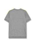 Real Madrid 2015-16 away jersey, front view, heather grey body, neon yellow adidas three-stripe shoulder detailing, crew neck collar, adidas logo, club crest, Fly Emirates sponsor logo, climacool label