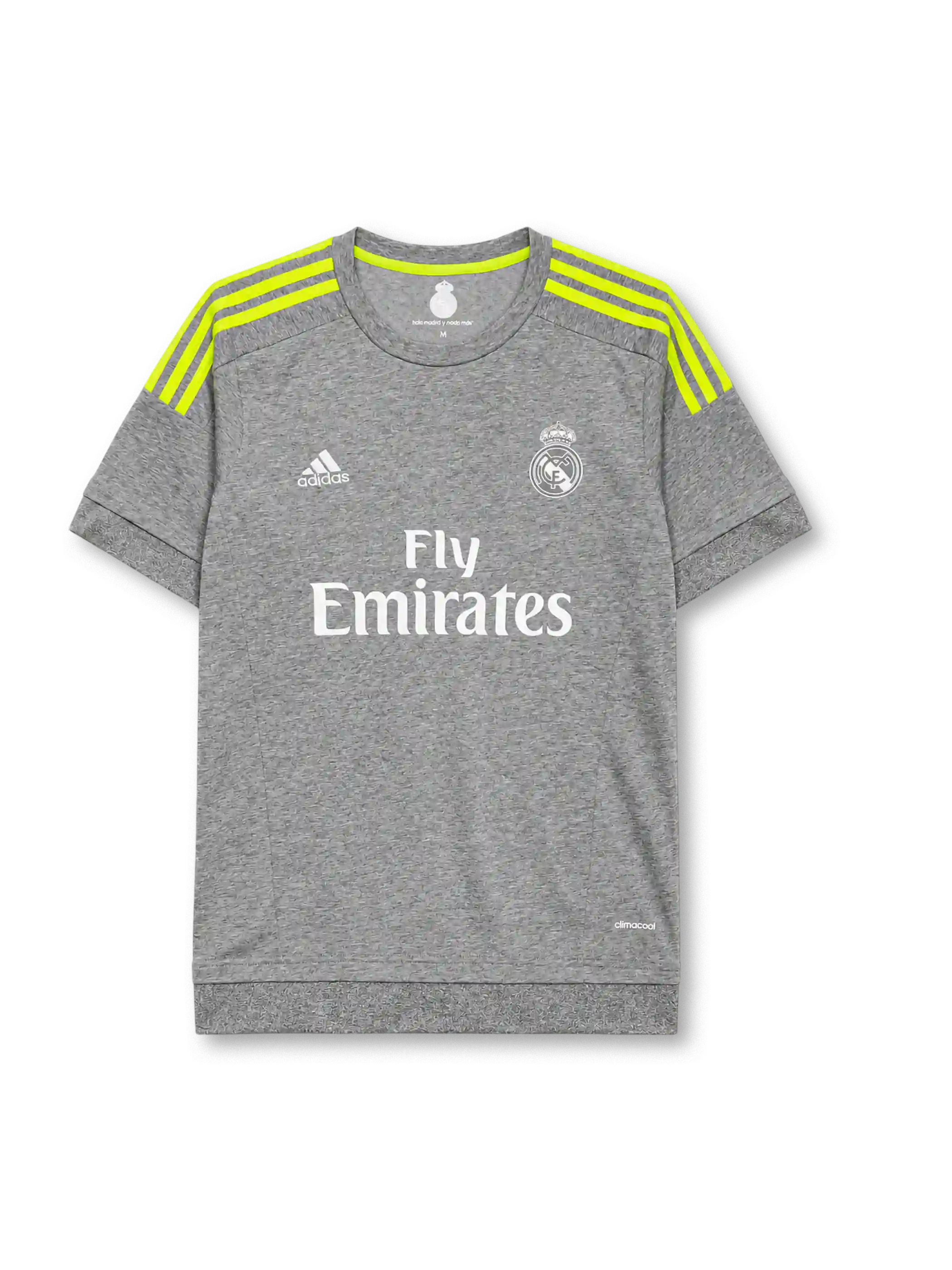 Real Madrid 2015-16 away jersey, front view, heather grey body, neon yellow adidas three-stripe shoulder detailing, crew neck collar, adidas logo, club crest, Fly Emirates sponsor logo, climacool label