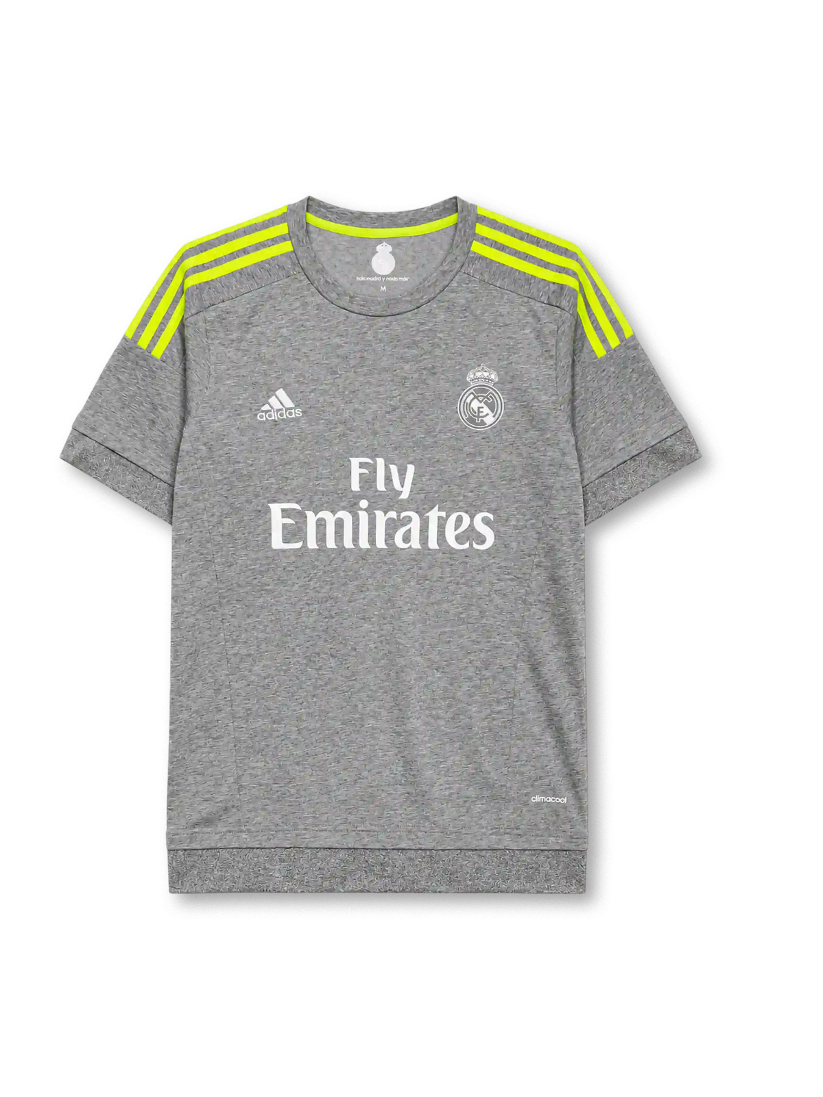 Real Madrid 2015-16 away jersey, front view, heather grey body, neon yellow adidas three-stripe shoulder detailing, crew neck collar, adidas logo, club crest, Fly Emirates sponsor logo, climacool label