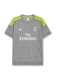 Real Madrid 2015-16 away jersey, front view, heather grey body, neon yellow adidas three-stripe shoulder detailing, crew neck collar, adidas logo, club crest, Fly Emirates sponsor logo, climacool label
