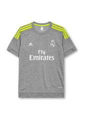 Real Madrid 2015-16 away jersey, front view, heather grey body, neon yellow adidas three-stripe shoulder detailing, crew neck collar, adidas logo, club crest, Fly Emirates sponsor logo, climacool label