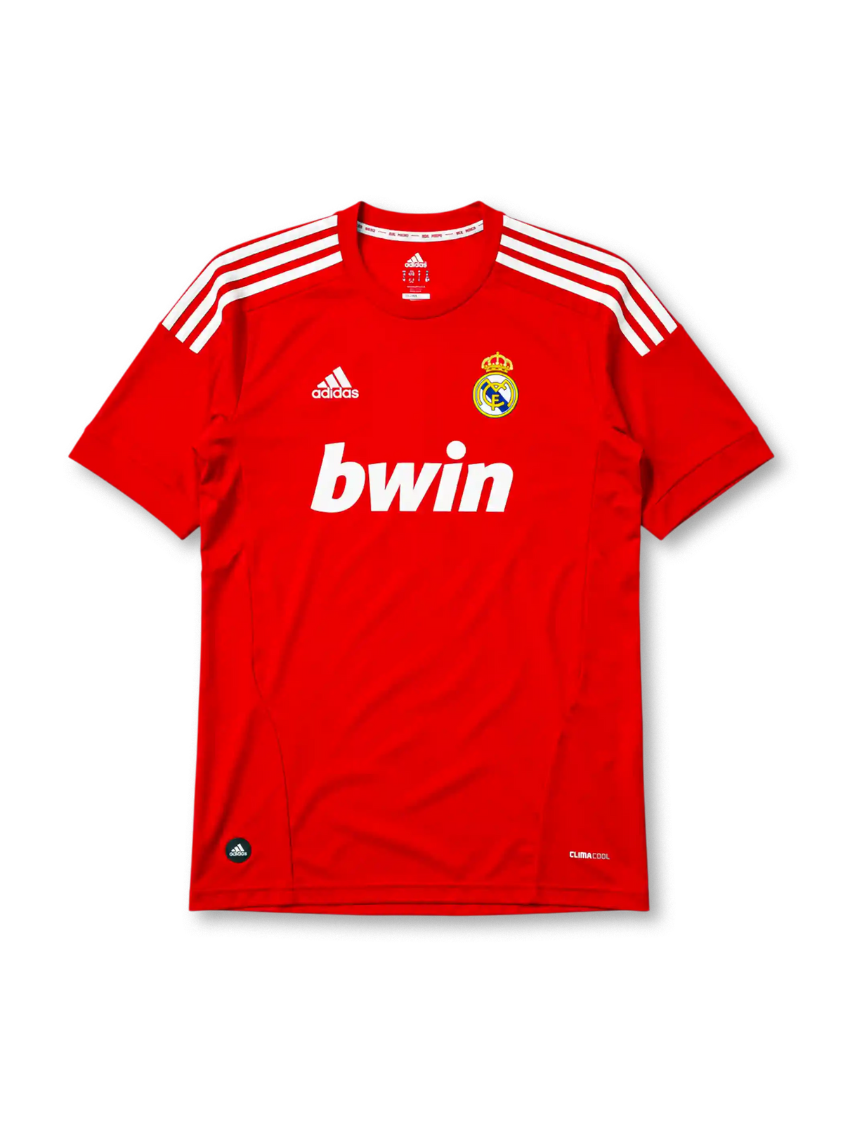 Real Madrid 2011-12 third jersey, front view, red body, white adidas three-stripe shoulder detailing, crew neck collar, adidas logo, club crest, bwin sponsor logo, Climacool label