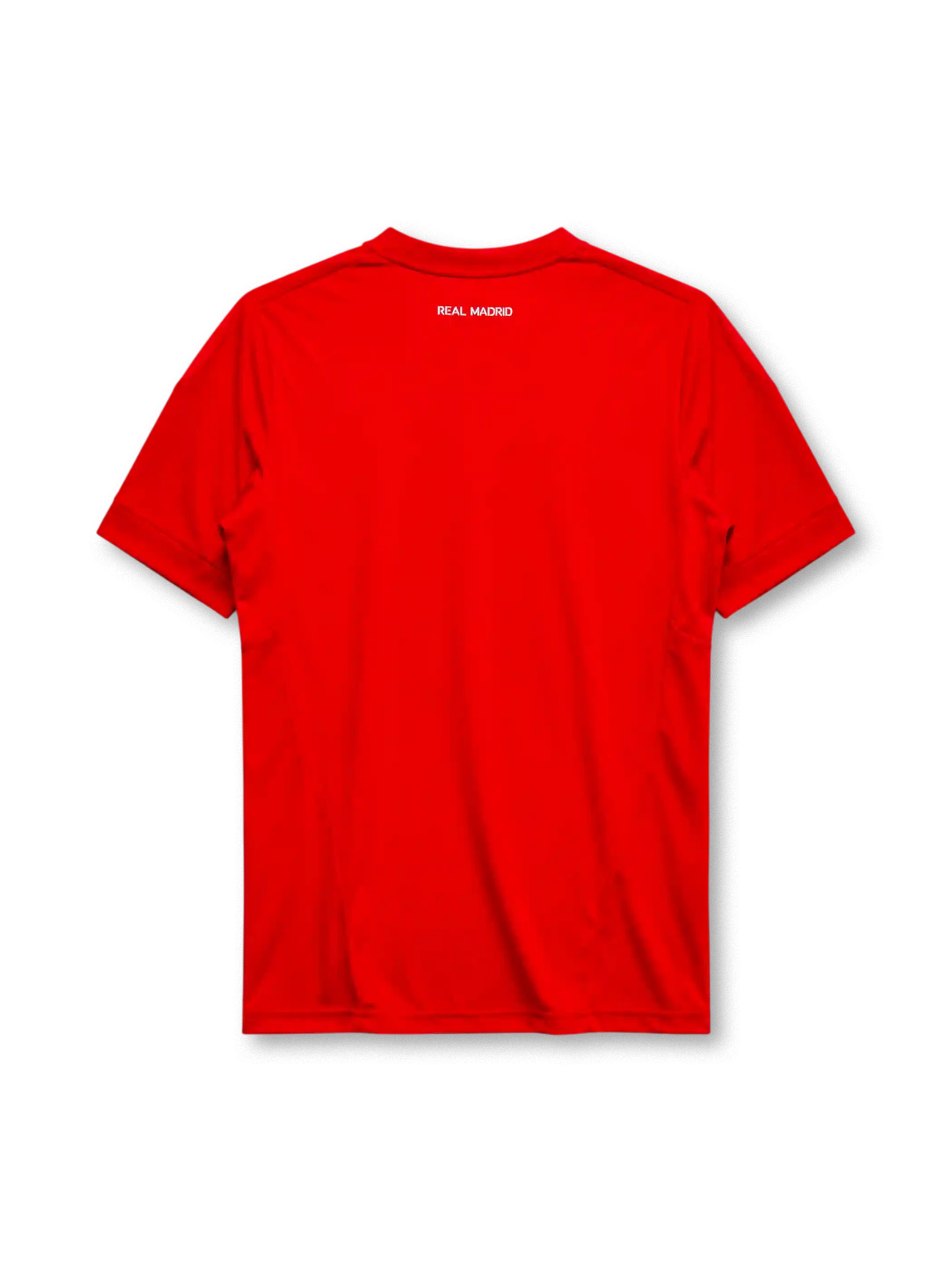 Real Madrid 2011-12 third jersey, front view, red body, white adidas three-stripe shoulder detailing, crew neck collar, adidas logo, club crest, bwin sponsor logo, Climacool label