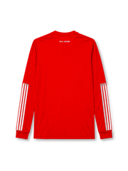 Real Madrid 2011-12 long sleeve third jersey, front view, red body, white adidas three-stripe long sleeve detailing, crew neck collar, adidas logo, club crest, bwin sponsor logo, Climacool label