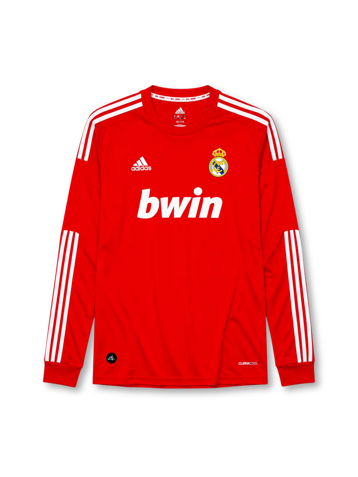Real Madrid 2011-12 long sleeve third jersey, front view, red body, white adidas three-stripe long sleeve detailing, crew neck collar, adidas logo, club crest, bwin sponsor logo, Climacool label