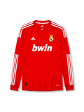 Real Madrid 2011-12 long sleeve third jersey, front view, red body, white adidas three-stripe long sleeve detailing, crew neck collar, adidas logo, club crest, bwin sponsor logo, Climacool label