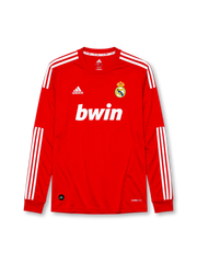 Real Madrid 2011-12 long sleeve third jersey, front view, red body, white adidas three-stripe long sleeve detailing, crew neck collar, adidas logo, club crest, bwin sponsor logo, Climacool label