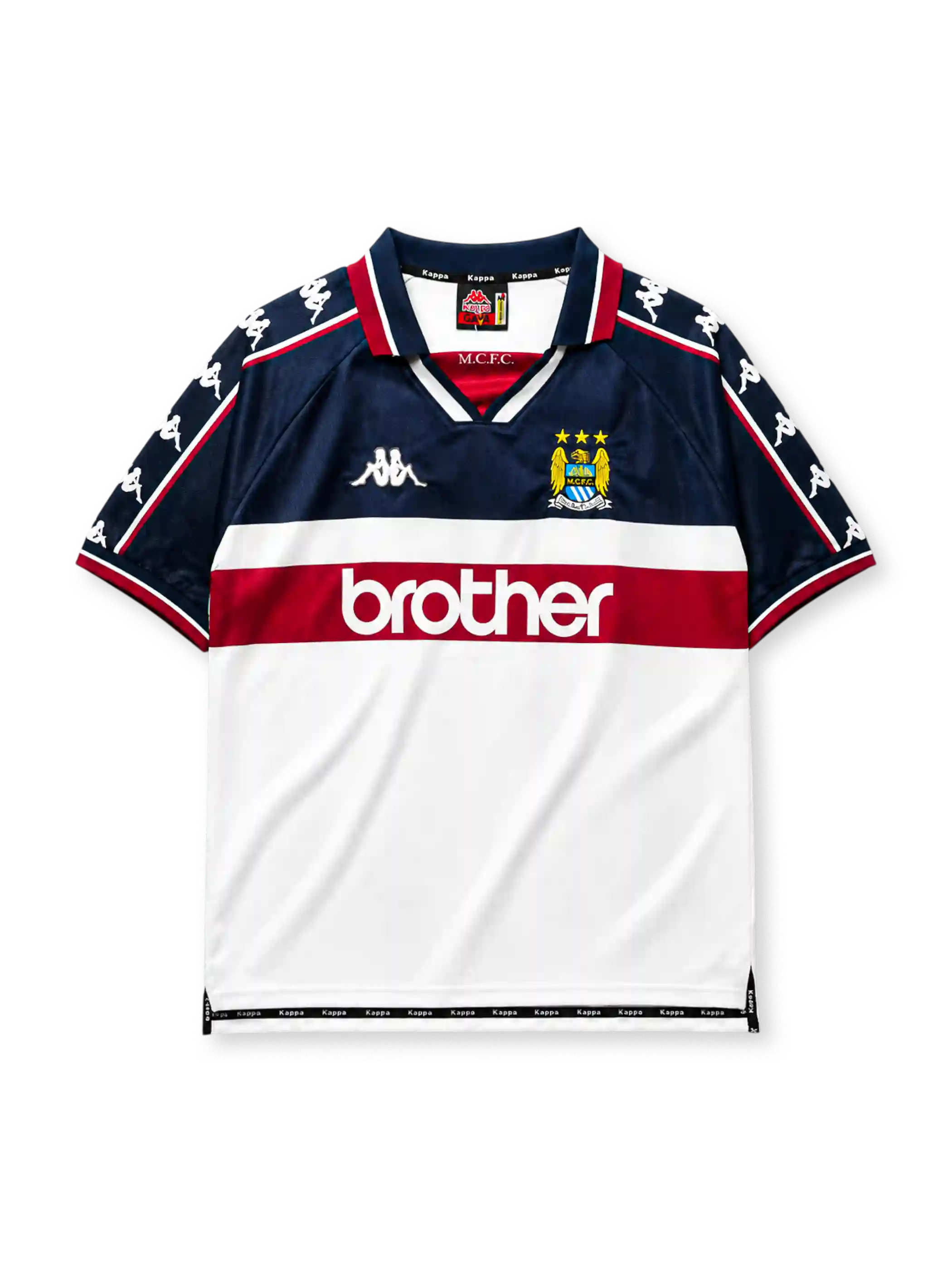 Manchester City 1997-98 away jersey, front view, navy upper body with white and maroon lower blocks, point collar with M.C.F.C. text, Kappa Omini sleeve pattern, club crest, Brother sponsor logo