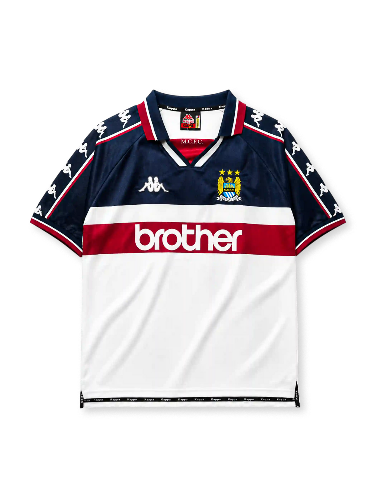Manchester City 1997-98 away jersey, front view, navy upper body with white and maroon lower blocks, point collar with M.C.F.C. text, Kappa Omini sleeve pattern, club crest, Brother sponsor logo