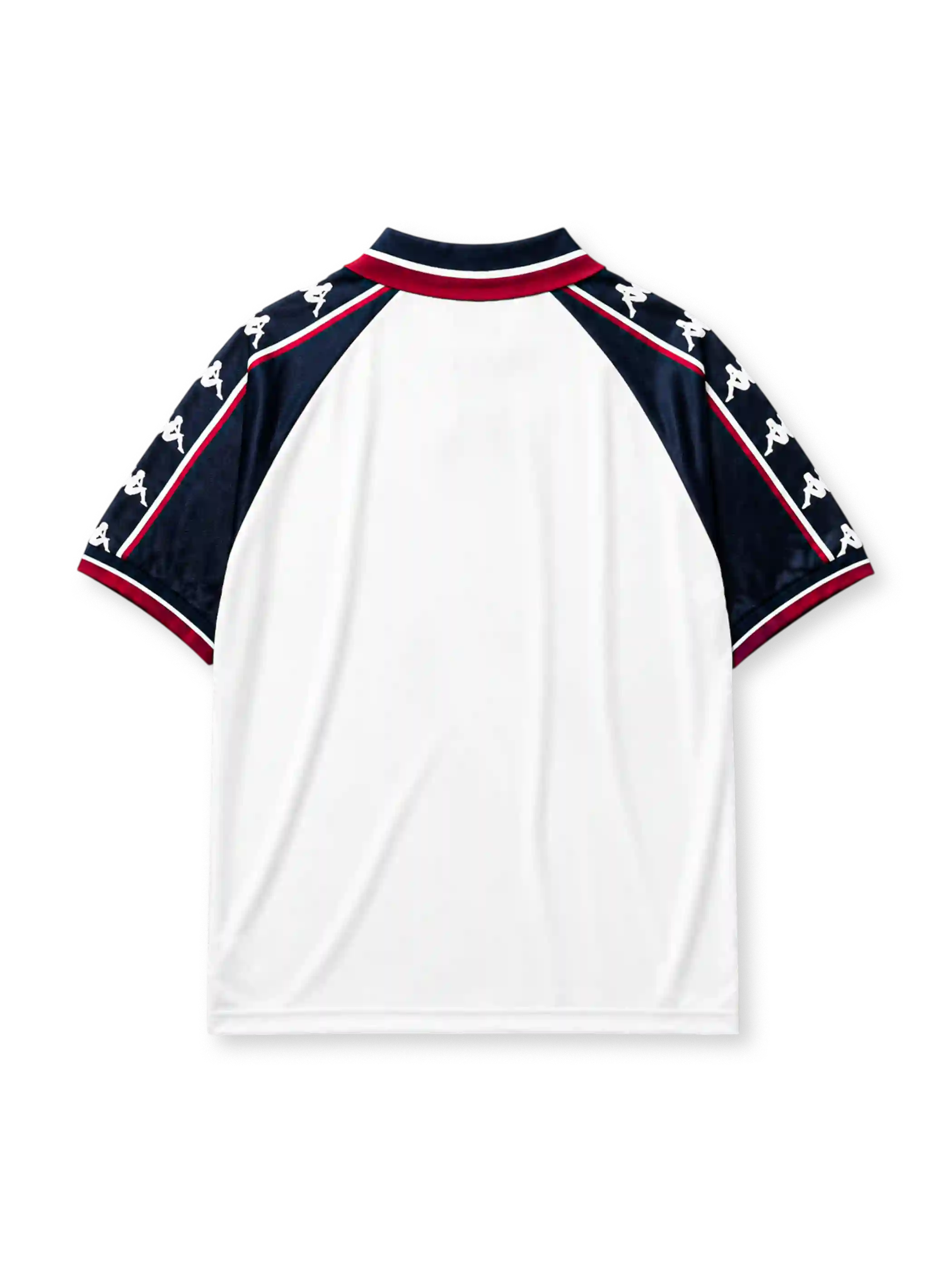 Manchester City 1997-98 away jersey, front view, navy upper body with white and maroon lower blocks, point collar with M.C.F.C. text, Kappa Omini sleeve pattern, club crest, Brother sponsor logo