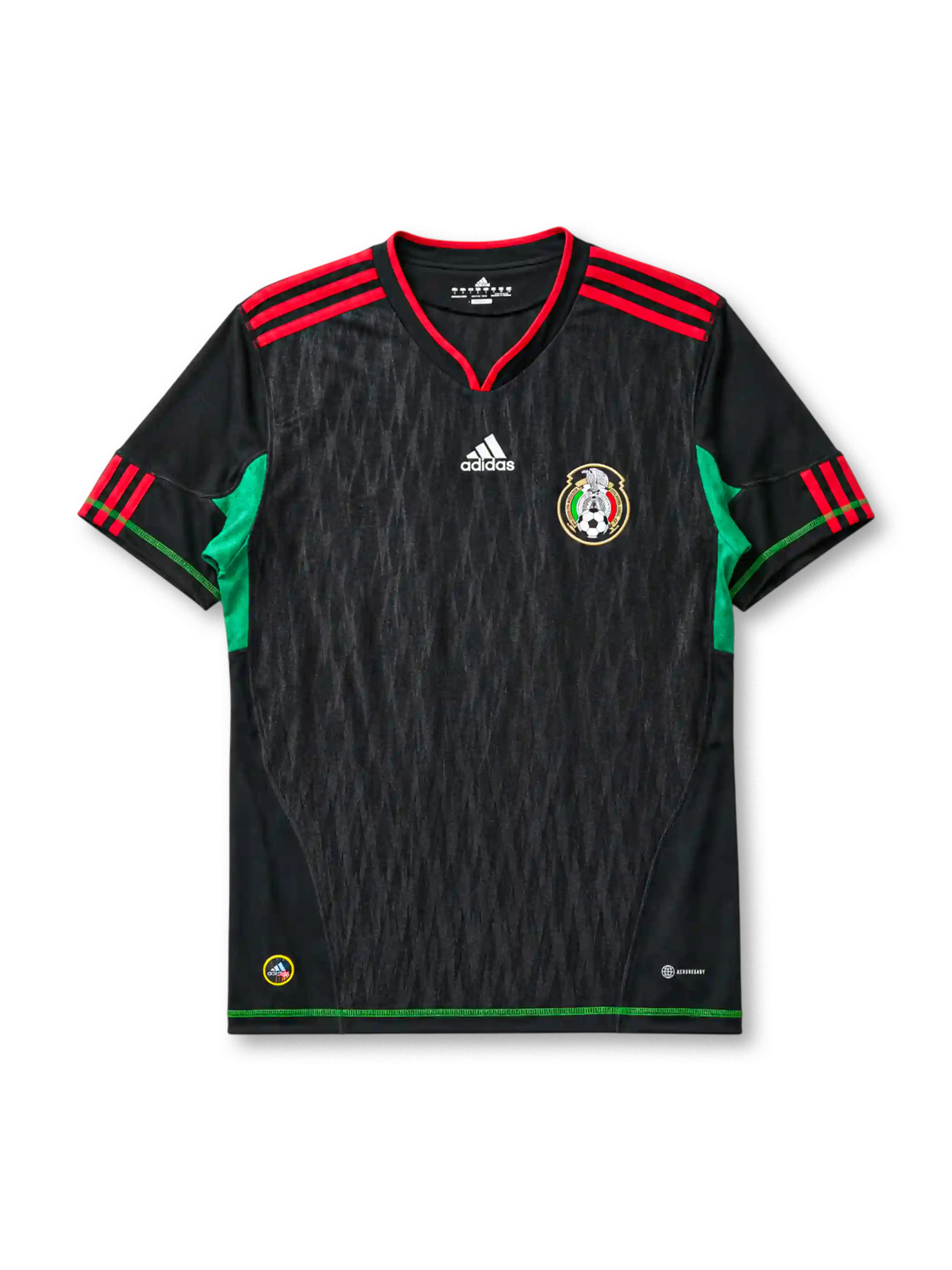 Mexico 2010 World Cup away jersey, front view, black body with tonal diamond pattern, red V-neck collar, red and black striped shoulders, green side panels, adidas logo, Mexican Football Federation crest, green hem trim