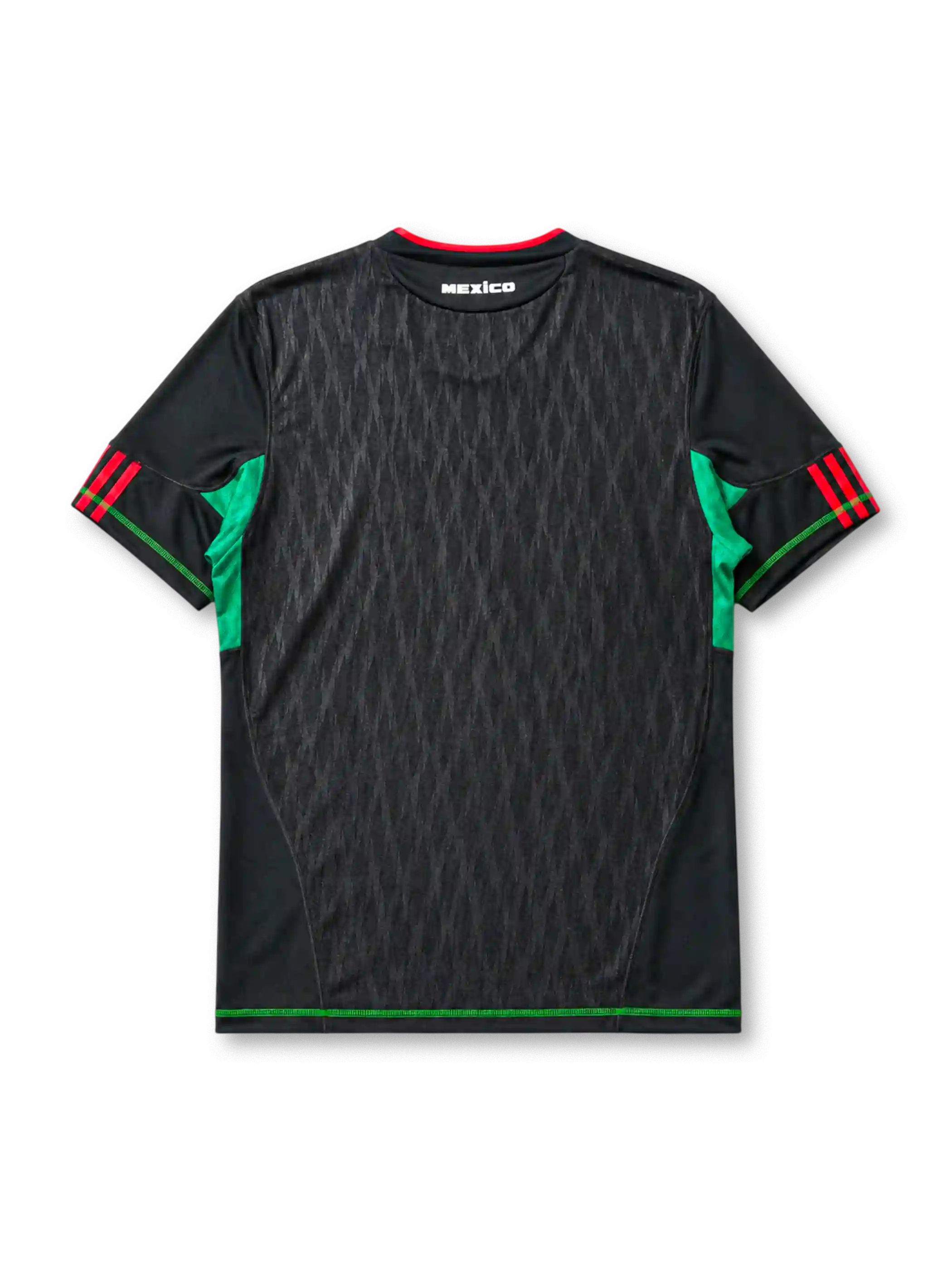 Mexico 2010 World Cup away jersey, front view, black body with tonal diamond pattern, red V-neck collar, red and black striped shoulders, green side panels, adidas logo, Mexican Football Federation crest, green hem trim