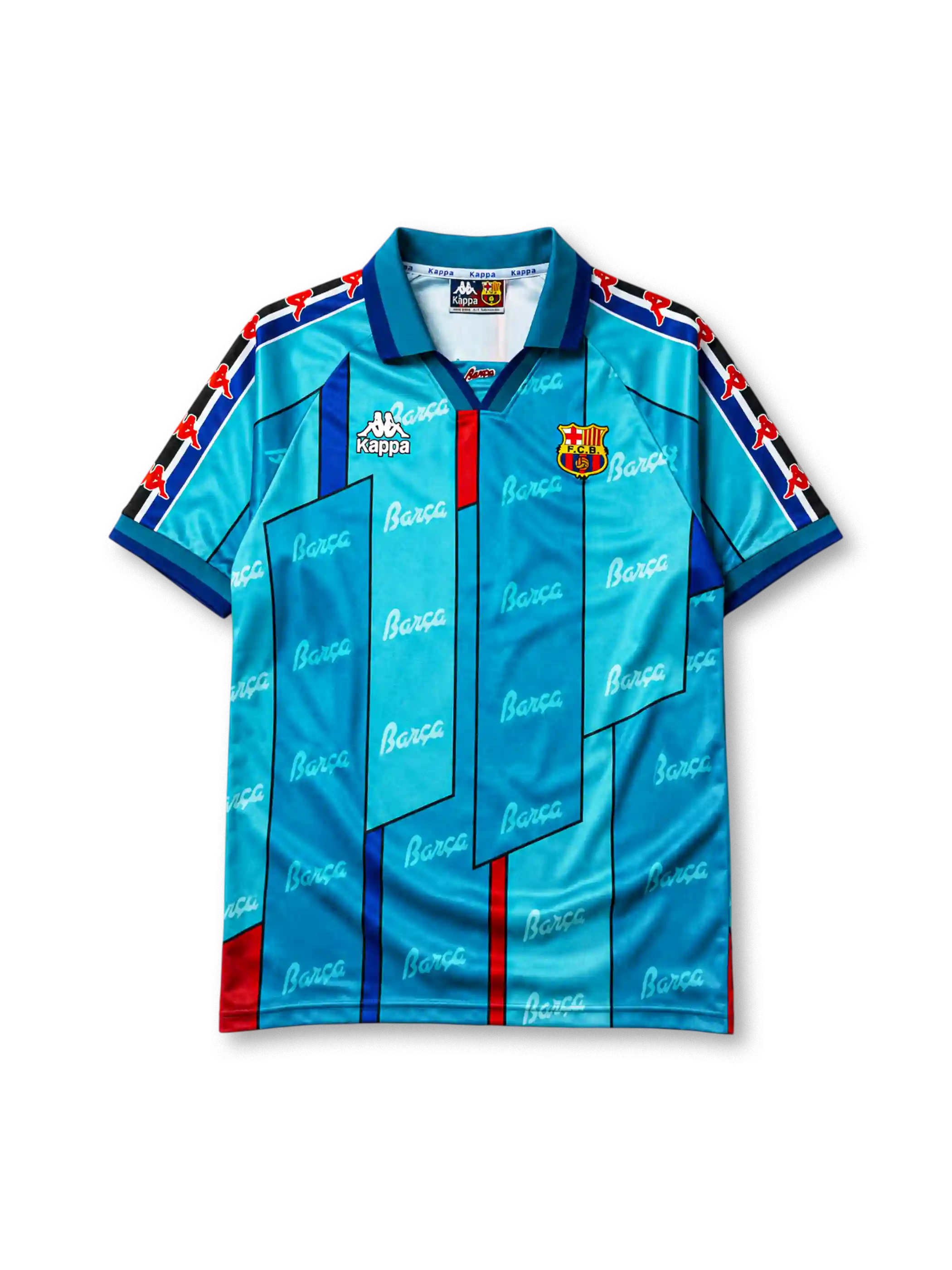 Barcelona 1995-97 away jersey, front view, teal body with angular geometric panels, repeated Barça script pattern, teal point collar, Kappa Omini sleeve pattern, Kappa wordmark, club crest, striped cuffs