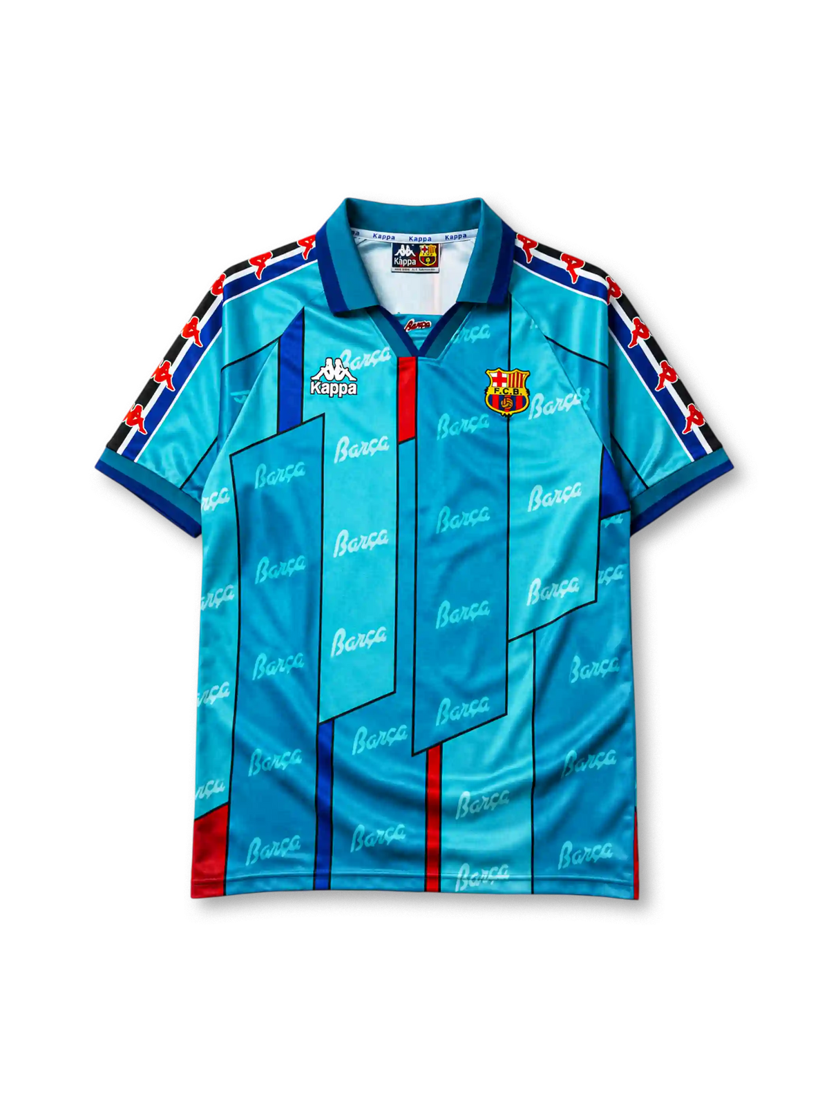Barcelona 1995-97 away jersey, front view, teal body with angular geometric panels, repeated Barça script pattern, teal point collar, Kappa Omini sleeve pattern, Kappa wordmark, club crest, striped cuffs