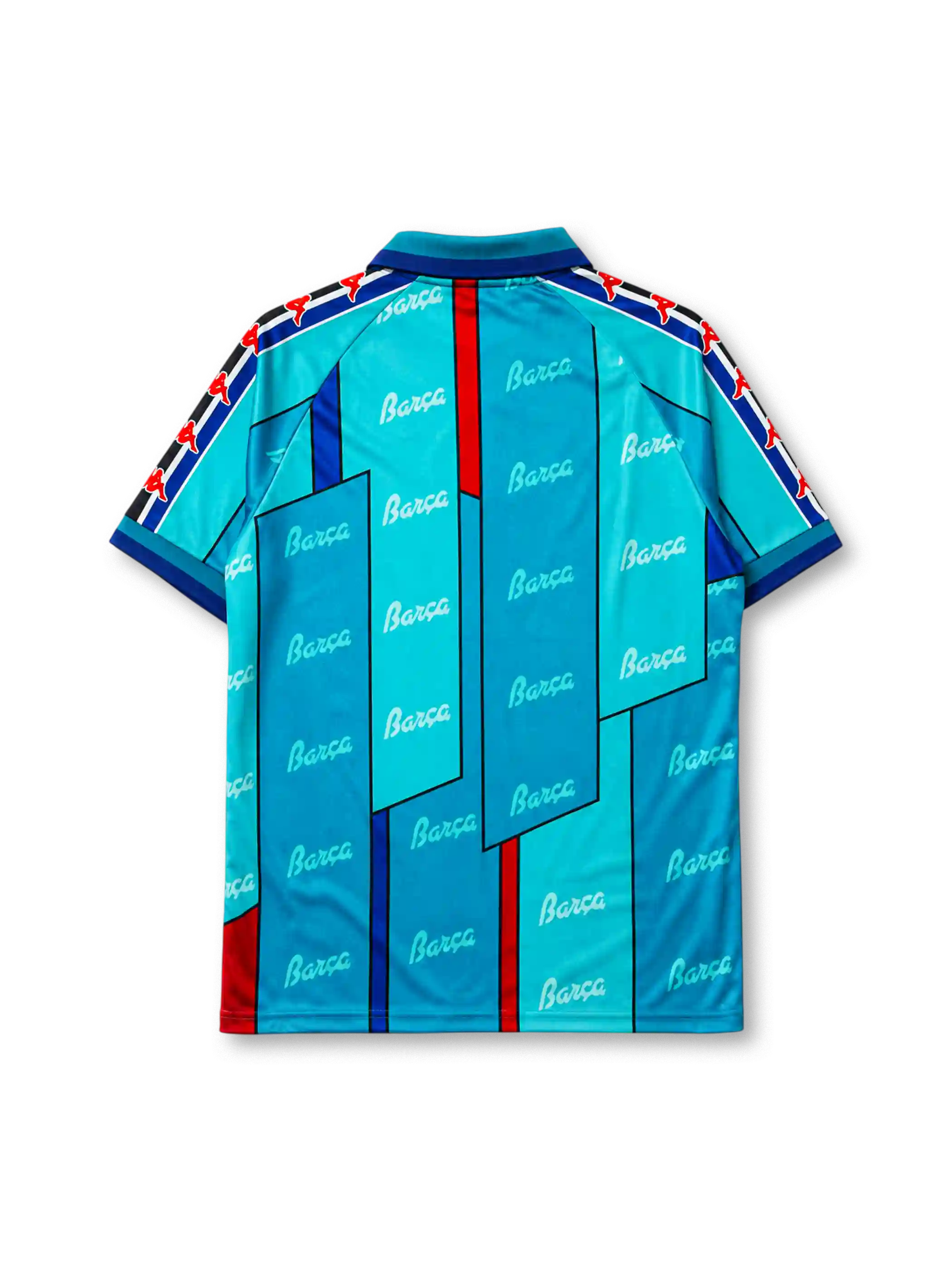 Barcelona 1995-97 away jersey, front view, teal body with angular geometric panels, repeated Barça script pattern, teal point collar, Kappa Omini sleeve pattern, Kappa wordmark, club crest, striped cuffs