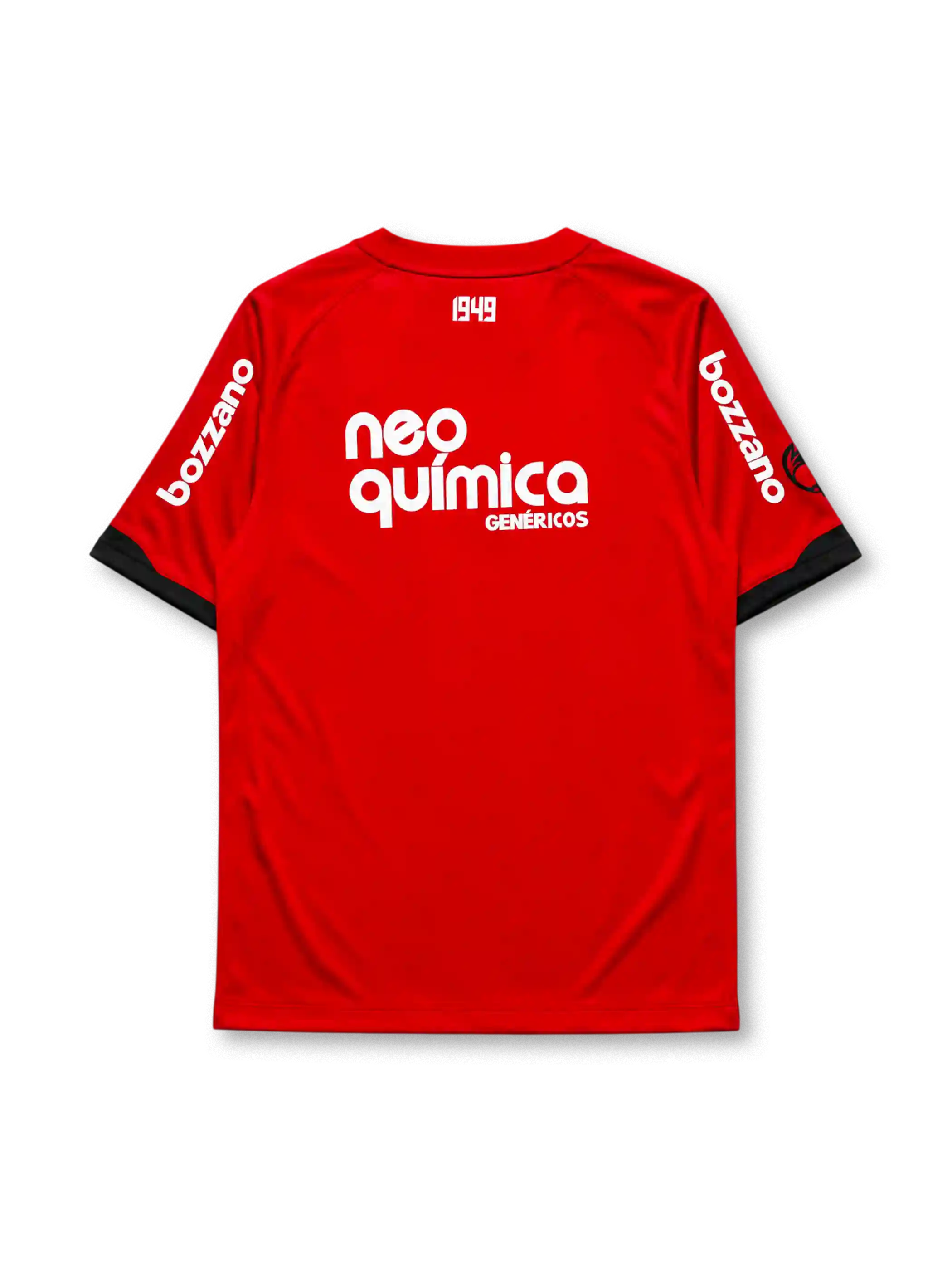 Corinthians 2011-12 third jersey, front view, red body with black São Jorge dragon graphic, black crew neck collar, Bozzano sleeve sponsor lettering, Nike swoosh, club crest with five stars, Neo Química Genéricos sponsor logo