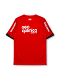 Corinthians 2011-12 third jersey, front view, red body with black São Jorge dragon graphic, black crew neck collar, Bozzano sleeve sponsor lettering, Nike swoosh, club crest with five stars, Neo Química Genéricos sponsor logo