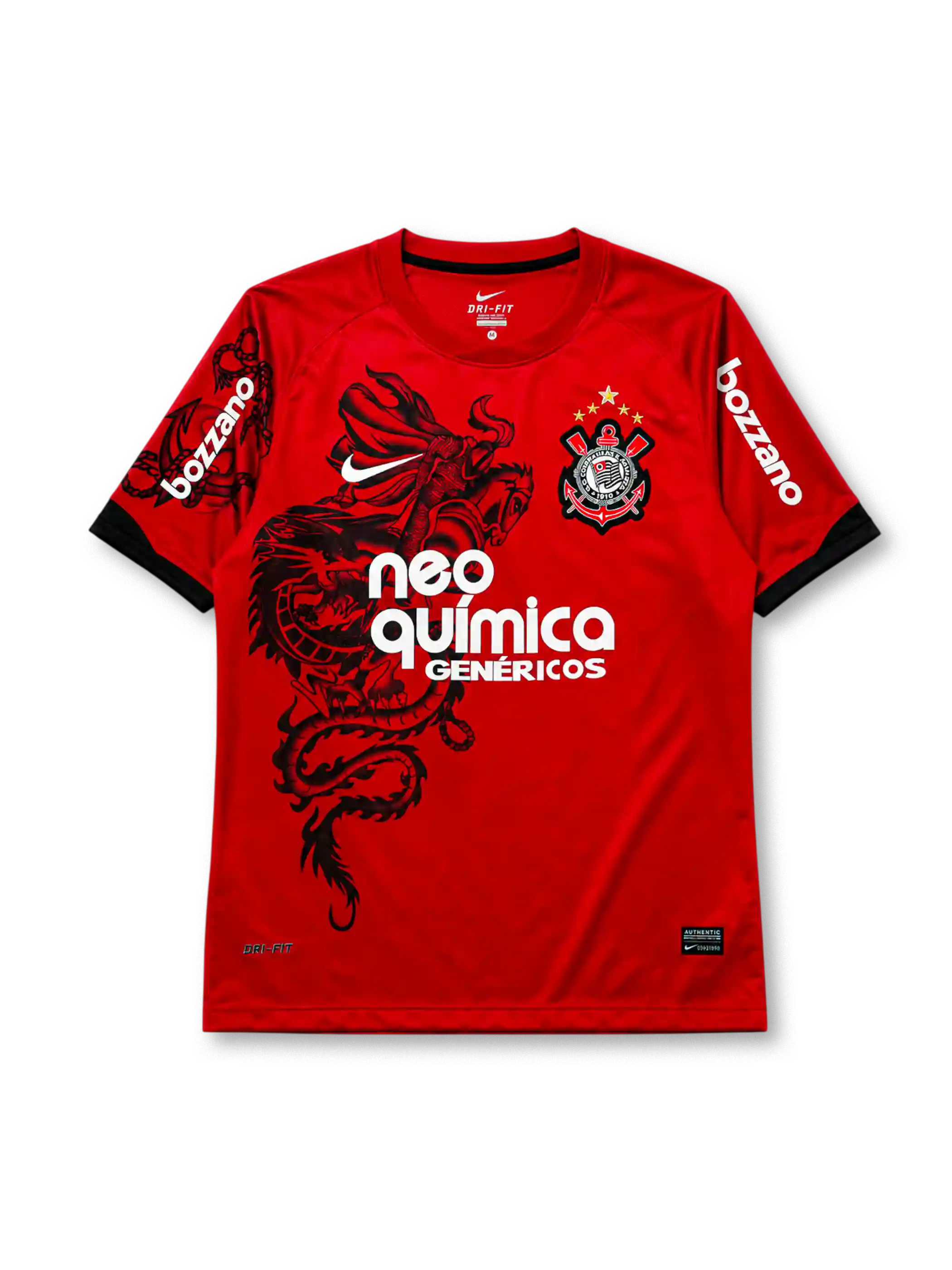 Corinthians 2011-12 third jersey, front view, red body with black São Jorge dragon graphic, black crew neck collar, Bozzano sleeve sponsor lettering, Nike swoosh, club crest with five stars, Neo Química Genéricos sponsor logo