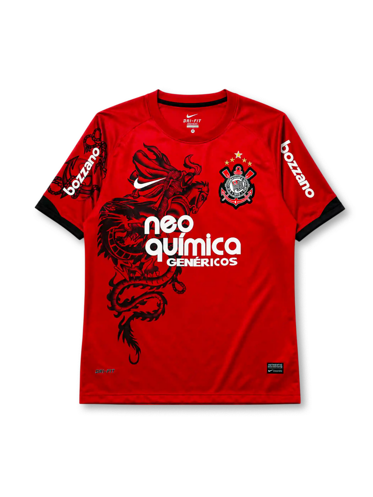 Corinthians 2011-12 third jersey, front view, red body with black São Jorge dragon graphic, black crew neck collar, Bozzano sleeve sponsor lettering, Nike swoosh, club crest with five stars, Neo Química Genéricos sponsor logo