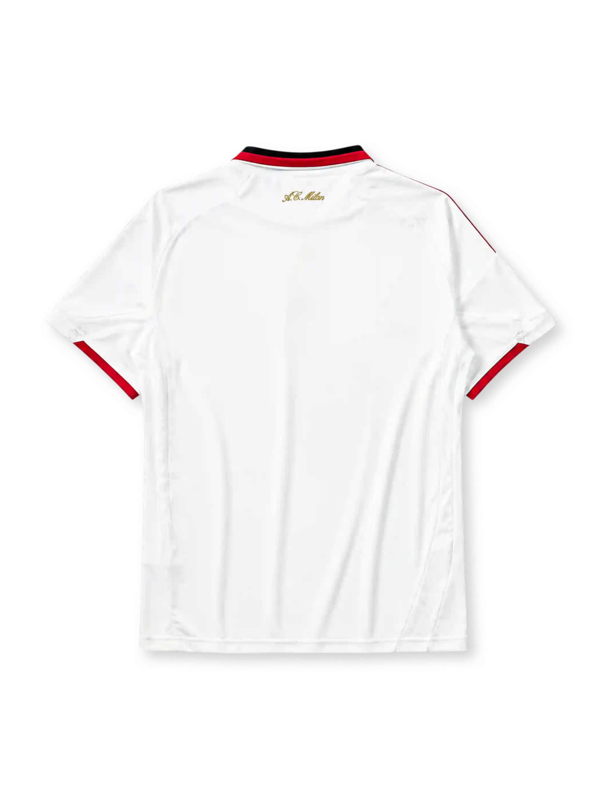 AC Milan 2009-10 away jersey, front view, white body, red and black adidas three-stripe shoulder detailing, point collar with Forza Milan flag tab, adidas logo, club crest with championship star, bwin sponsor logo, red-trimmed cuffs