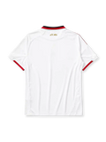 AC Milan 2009-10 away jersey, front view, white body, red and black adidas three-stripe shoulder detailing, point collar with Forza Milan flag tab, adidas logo, club crest with championship star, bwin sponsor logo, red-trimmed cuffs