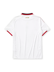 AC Milan 2009-10 away jersey, front view, white body, red and black adidas three-stripe shoulder detailing, point collar with Forza Milan flag tab, adidas logo, club crest with championship star, bwin sponsor logo, red-trimmed cuffs