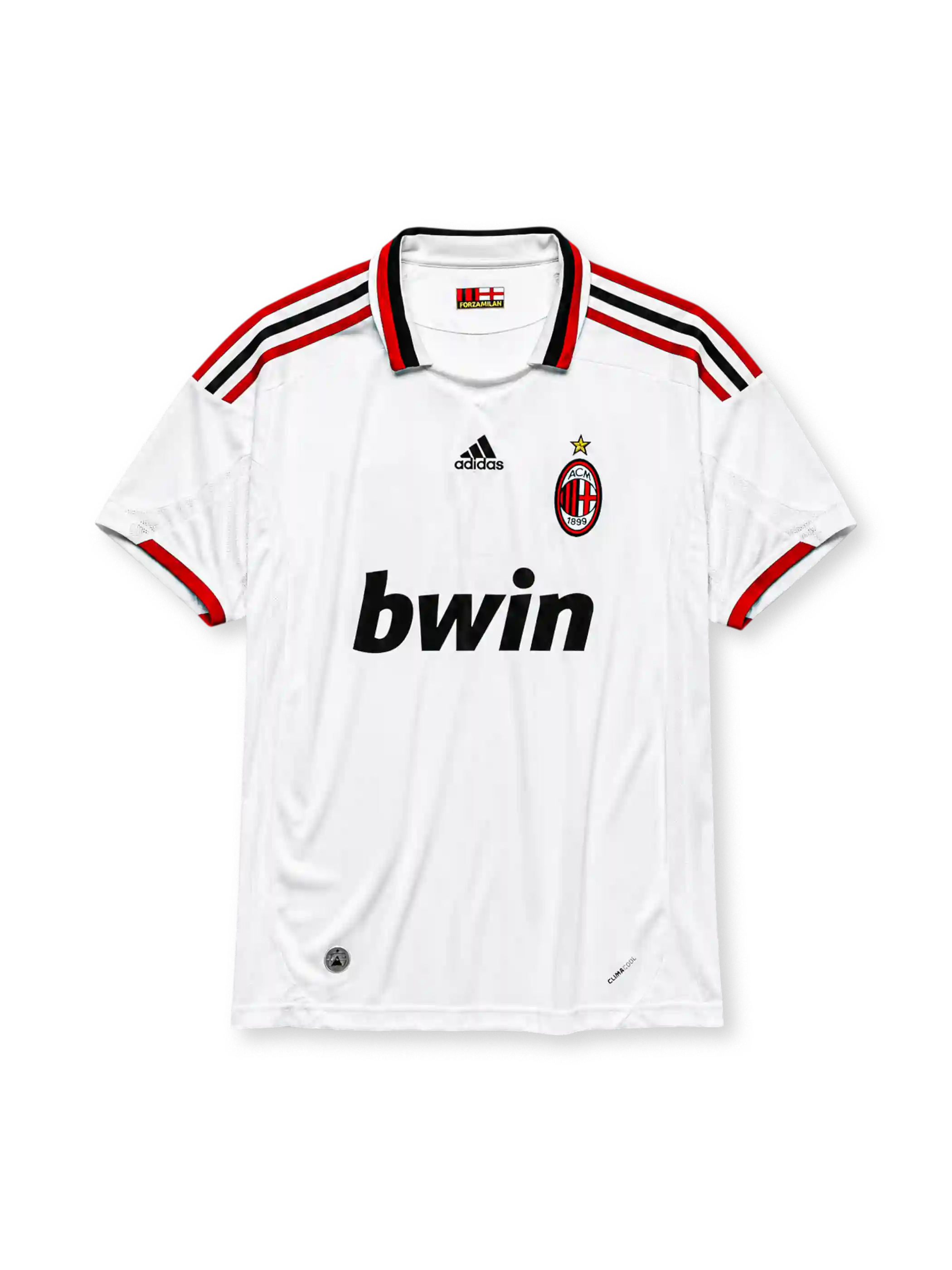 AC Milan 2009-10 away jersey, front view, white body, red and black adidas three-stripe shoulder detailing, point collar with Forza Milan flag tab, adidas logo, club crest with championship star, bwin sponsor logo, red-trimmed cuffs