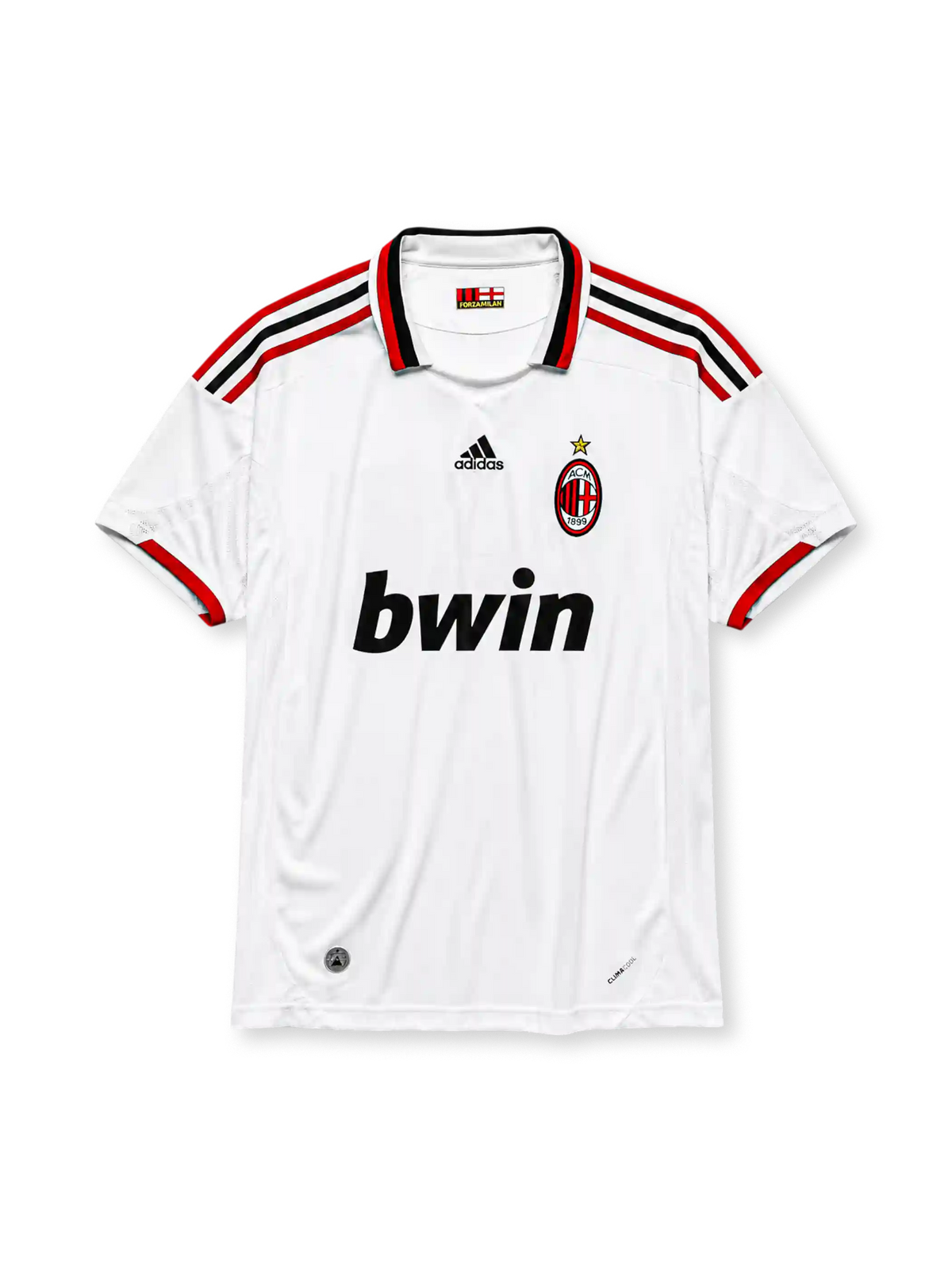 AC Milan 2009-10 away jersey, front view, white body, red and black adidas three-stripe shoulder detailing, point collar with Forza Milan flag tab, adidas logo, club crest with championship star, bwin sponsor logo, red-trimmed cuffs