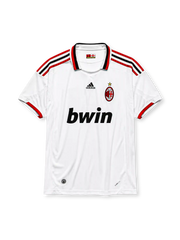 AC Milan 2009-10 away jersey, front view, white body, red and black adidas three-stripe shoulder detailing, point collar with Forza Milan flag tab, adidas logo, club crest with championship star, bwin sponsor logo, red-trimmed cuffs