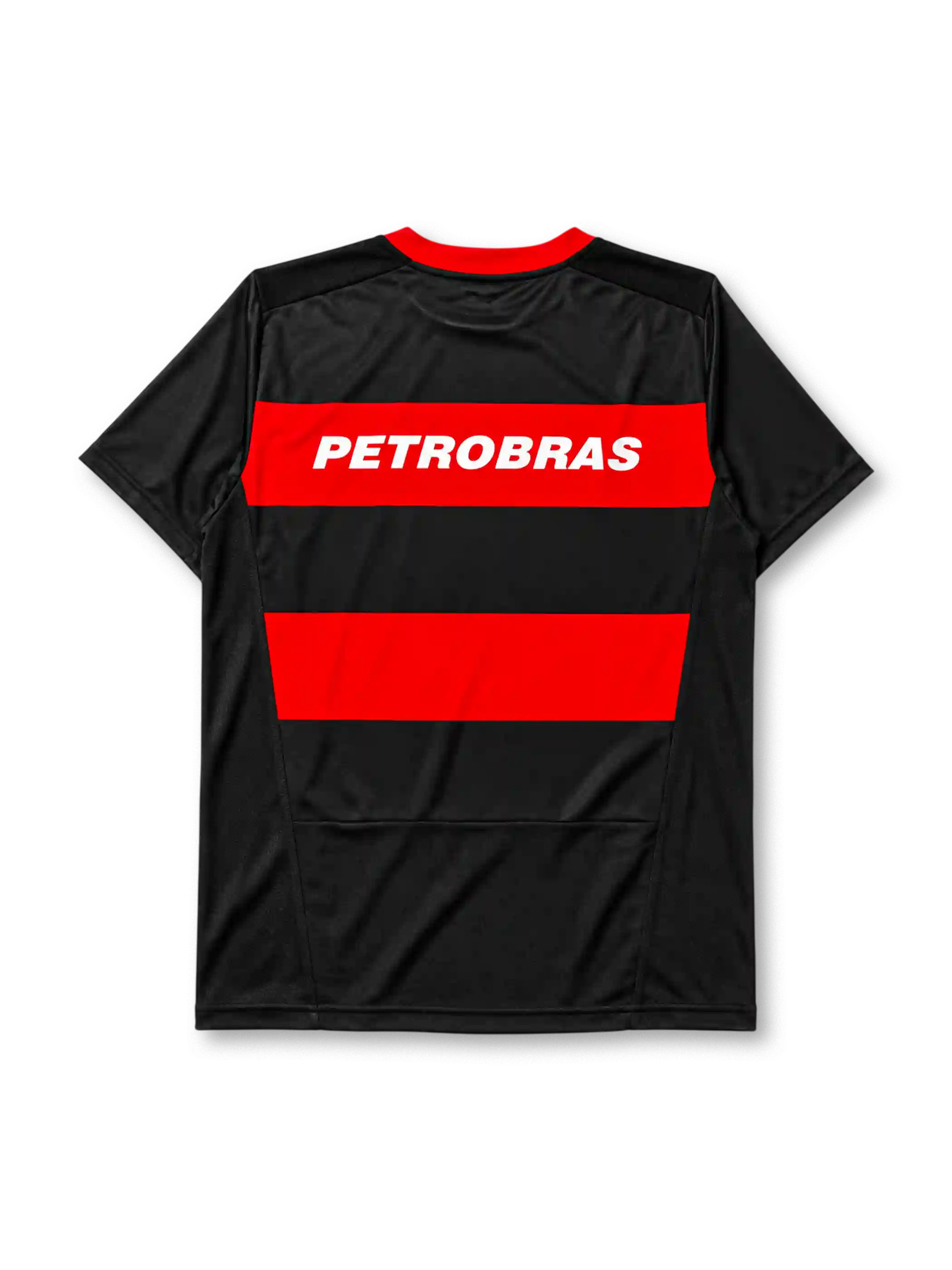 Flamengo home jersey, front view, red and black hoops, red crew neck collar, gold championship star, Nike swoosh logo, club crest, Petrobras BR logo, LUBRAX sponsor logo