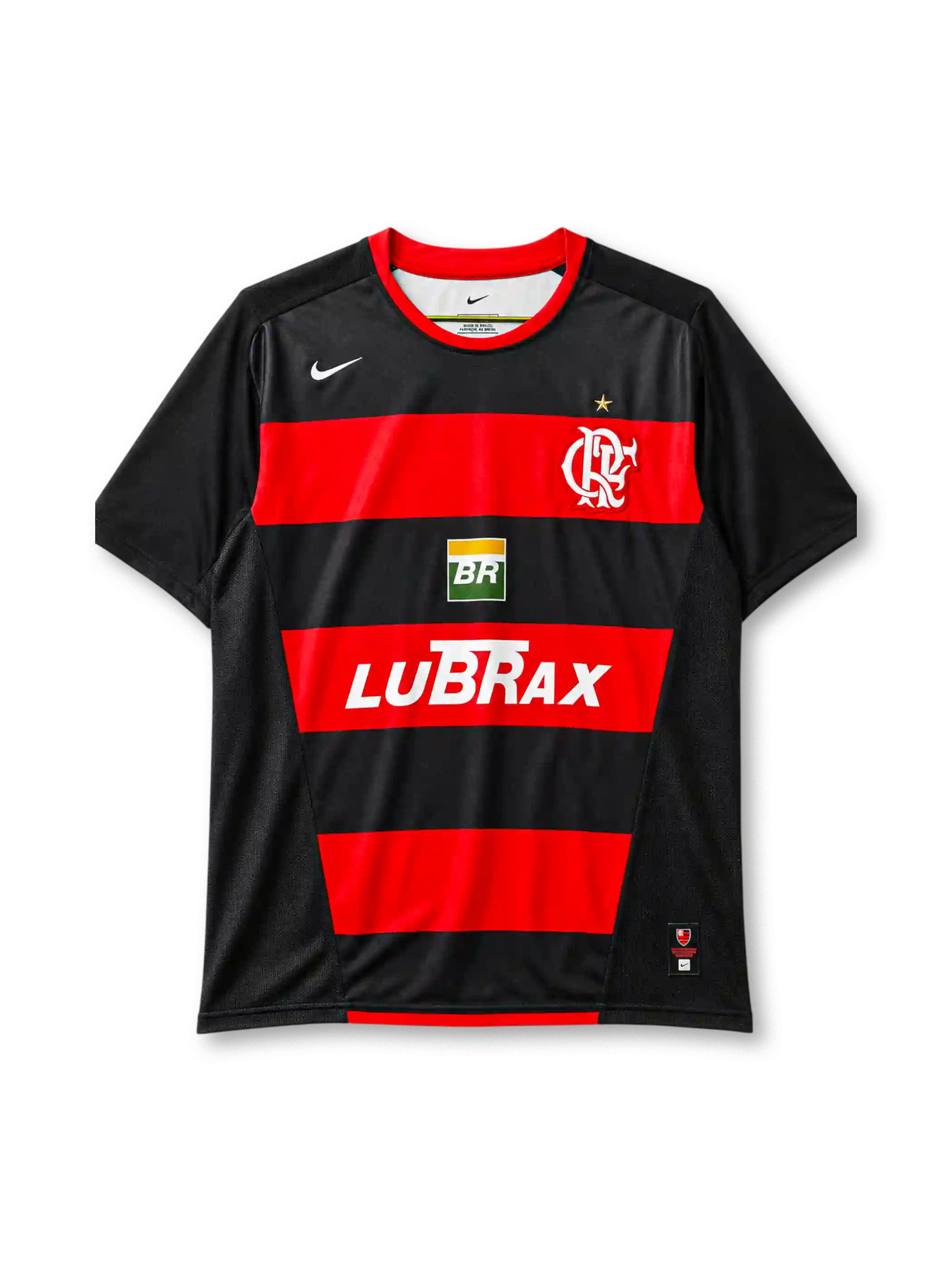 Flamengo home jersey, front view, red and black hoops, red crew neck collar, gold championship star, Nike swoosh logo, club crest, Petrobras BR logo, LUBRAX sponsor logo