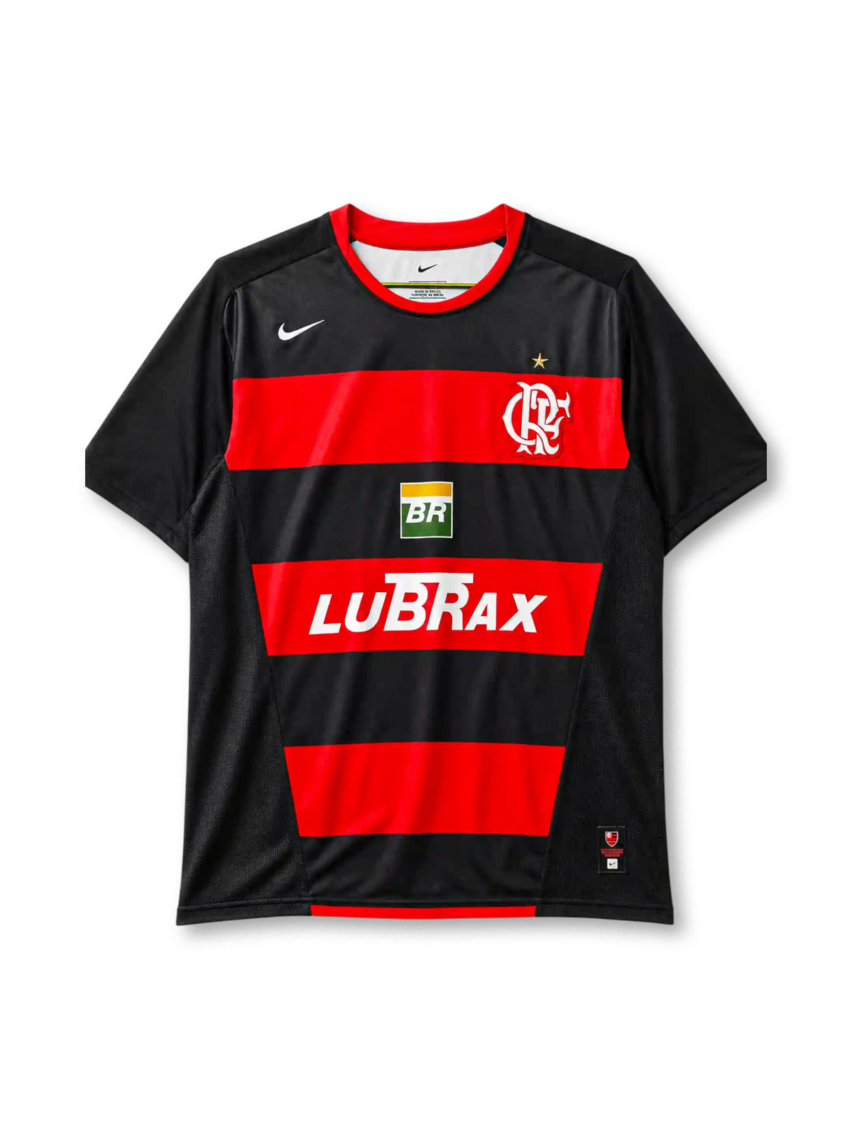 Flamengo home jersey, front view, red and black hoops, red crew neck collar, gold championship star, Nike swoosh logo, club crest, Petrobras BR logo, LUBRAX sponsor logo