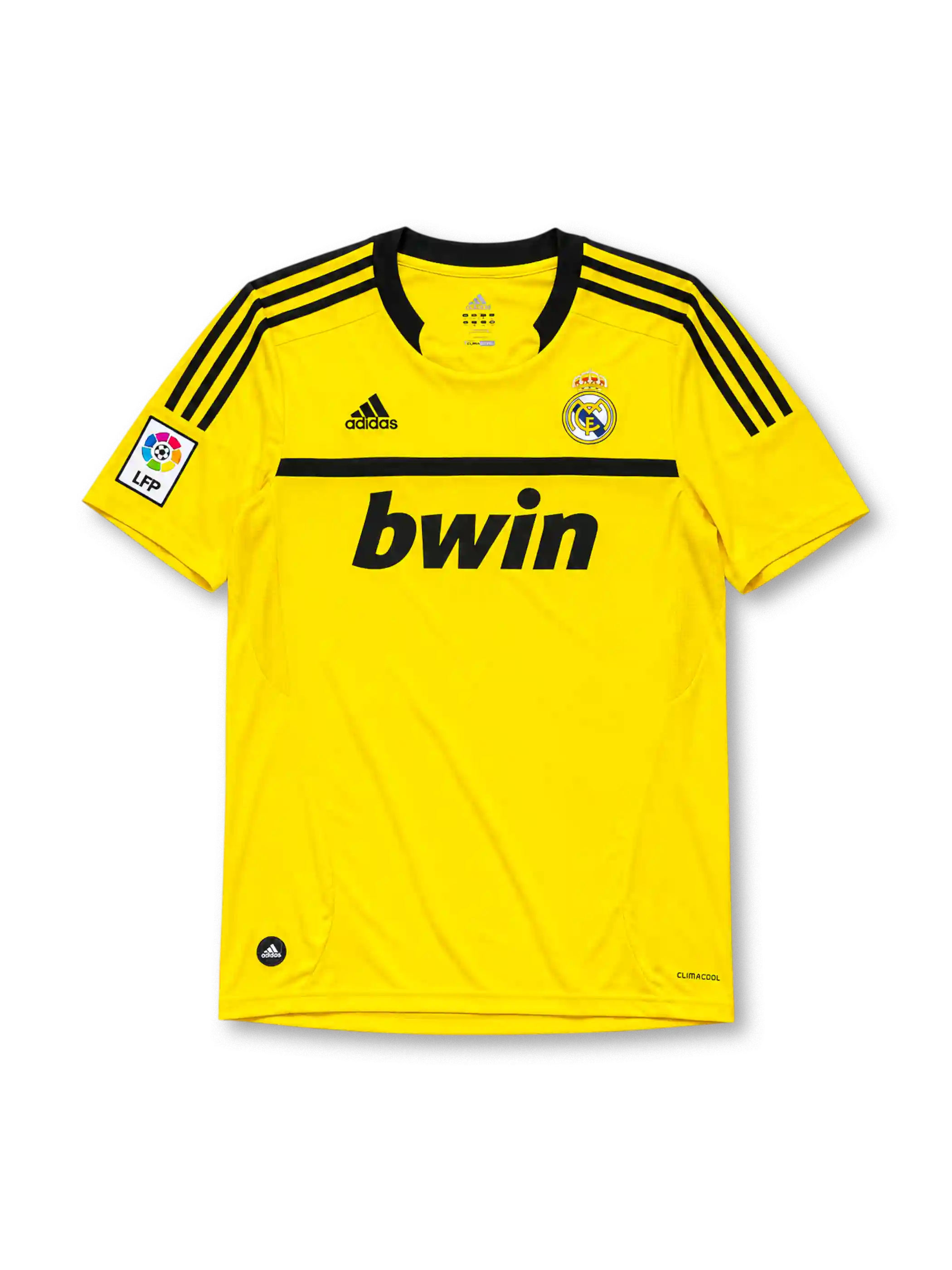 Real Madrid 2011-12 goalkeeper jersey, front view, bright yellow body, black adidas three-stripe shoulder detailing, crew neck collar, LFP league patch, adidas logo, club crest, bwin sponsor logo, Climacool label