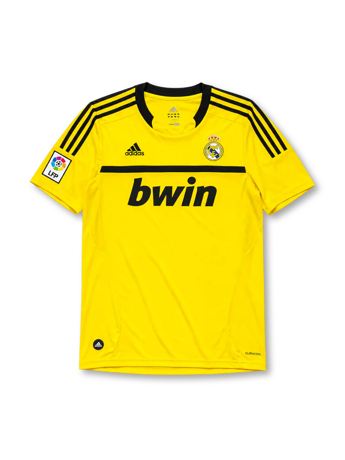 Real Madrid 2011-12 goalkeeper jersey, front view, bright yellow body, black adidas three-stripe shoulder detailing, crew neck collar, LFP league patch, adidas logo, club crest, bwin sponsor logo, Climacool label