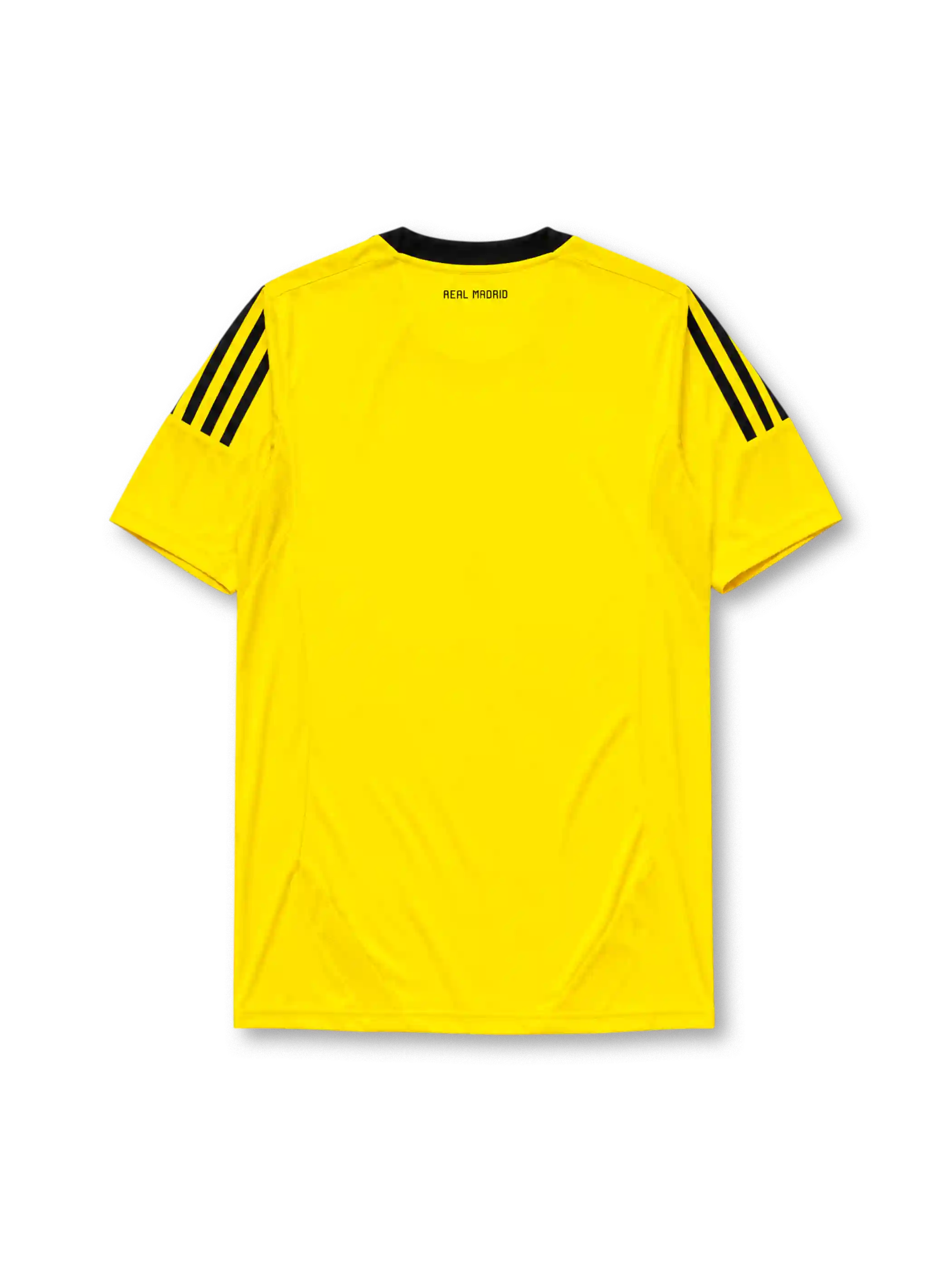 Real Madrid 2011-12 goalkeeper jersey, front view, bright yellow body, black adidas three-stripe shoulder detailing, crew neck collar, LFP league patch, adidas logo, club crest, bwin sponsor logo, Climacool label