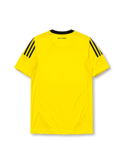 Real Madrid 2011-12 goalkeeper jersey, front view, bright yellow body, black adidas three-stripe shoulder detailing, crew neck collar, LFP league patch, adidas logo, club crest, bwin sponsor logo, Climacool label
