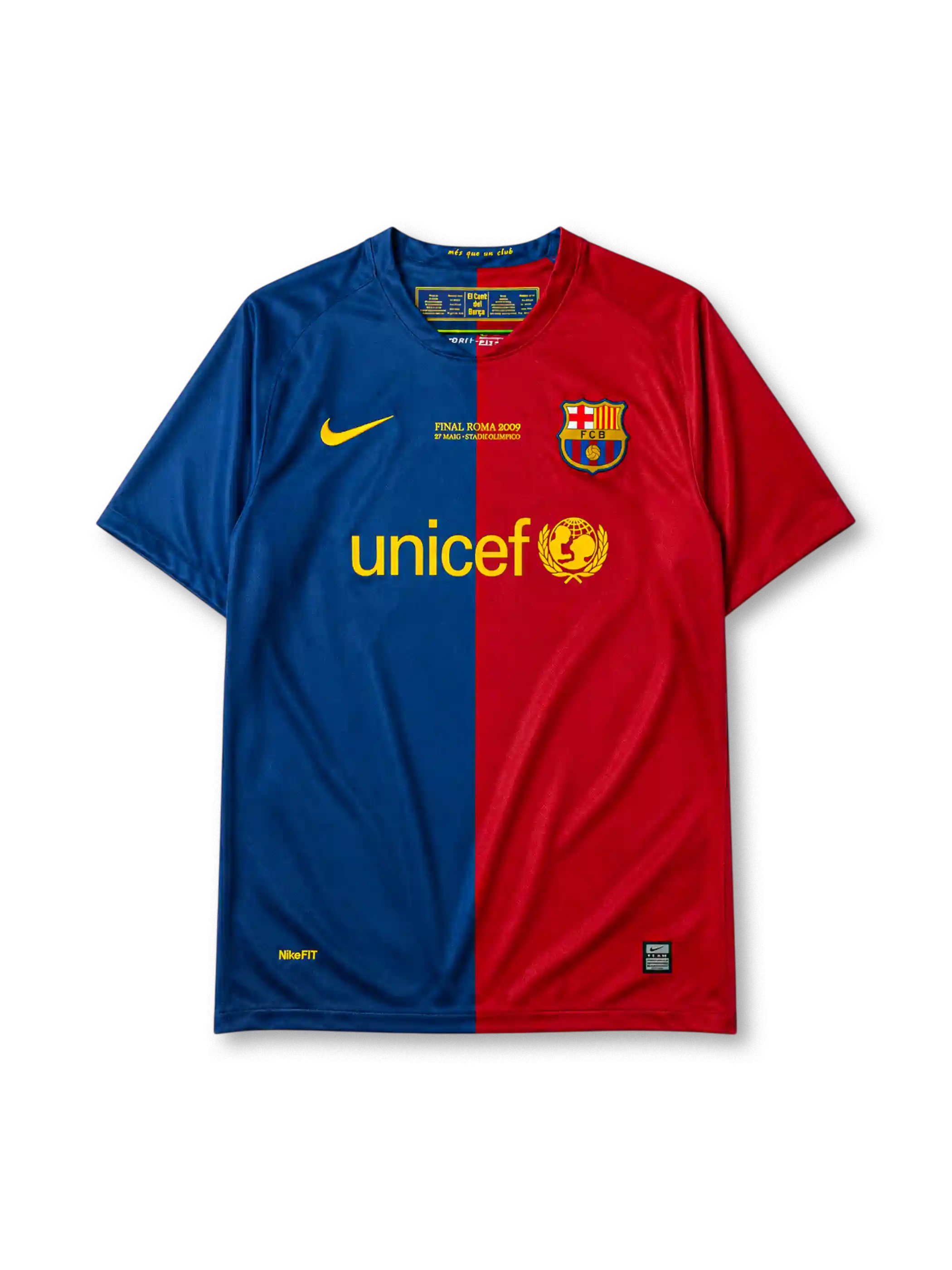 Barcelona 2008-09 Champions League final home jersey, front view, blue and red vertical halves, Nike swoosh, Final Roma 2009 commemorative text, club crest, UNICEF sponsor logo, NikeFIT hem tag