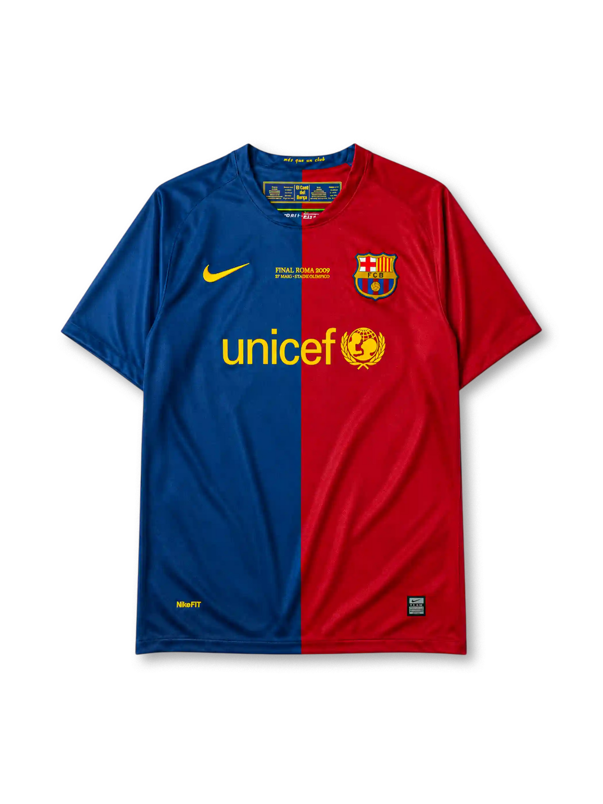 Barcelona 2008-09 Champions League final home jersey, front view, blue and red vertical halves, Nike swoosh, Final Roma 2009 commemorative text, club crest, UNICEF sponsor logo, NikeFIT hem tag