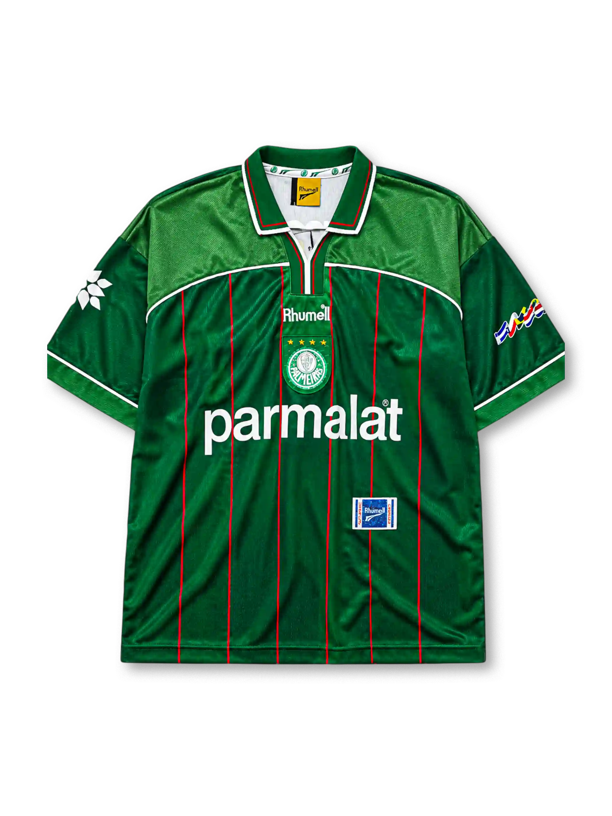 Palmeiras 1999 home jersey, front view, green body with red pinstripes, lighter green shoulder yoke, V-neck collar, Rhumell logo, Copa Libertadores sleeve patch, club crest with four stars, Parmalat sponsor logo