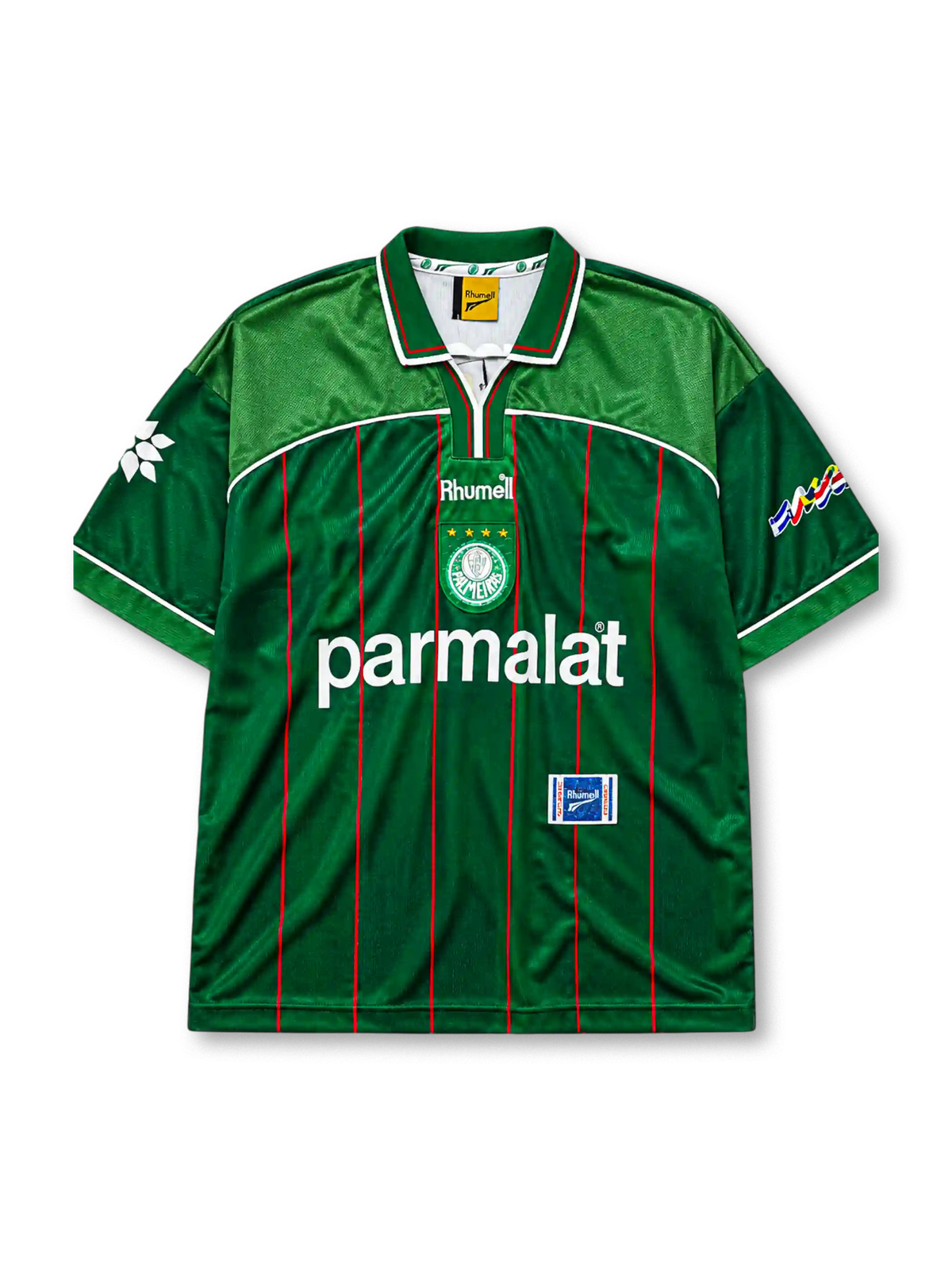 Palmeiras 1999 home jersey, front view, green body with red pinstripes, lighter green shoulder yoke, V-neck collar, Rhumell logo, Copa Libertadores sleeve patch, club crest with four stars, Parmalat sponsor logo