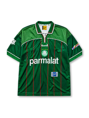 Palmeiras 1999 home jersey, front view, green body with red pinstripes, lighter green shoulder yoke, V-neck collar, Rhumell logo, Copa Libertadores sleeve patch, club crest with four stars, Parmalat sponsor logo