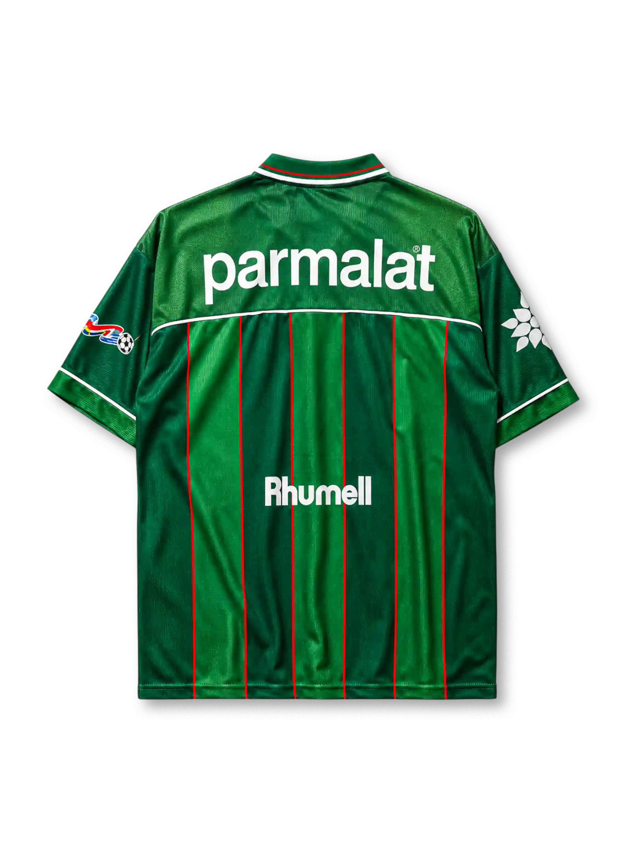 Palmeiras 1999 home jersey, front view, green body with red pinstripes, lighter green shoulder yoke, V-neck collar, Rhumell logo, Copa Libertadores sleeve patch, club crest with four stars, Parmalat sponsor logo