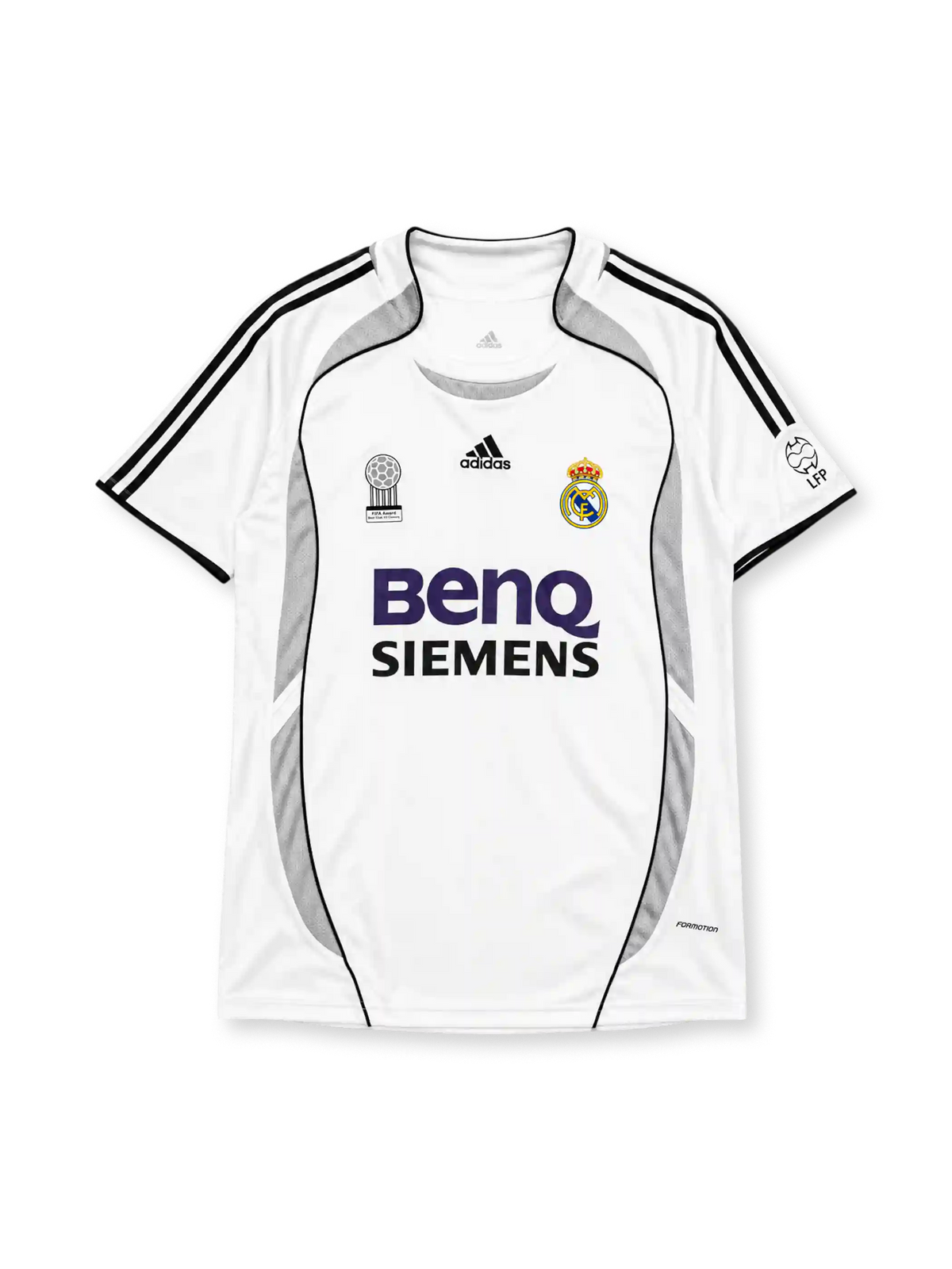 Real Madrid 2006-07 home jersey, front view, white body with grey Formotion panels, black adidas three-stripe shoulder detailing, FIFA Best Club of the Century emblem, LFP league patch, adidas logo, club crest, BenQ Siemens sponsor logo