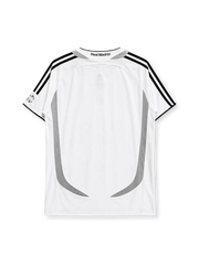 Real Madrid 2006-07 home jersey, front view, white body with grey Formotion panels, black adidas three-stripe shoulder detailing, FIFA Best Club of the Century emblem, LFP league patch, adidas logo, club crest, BenQ Siemens sponsor logo