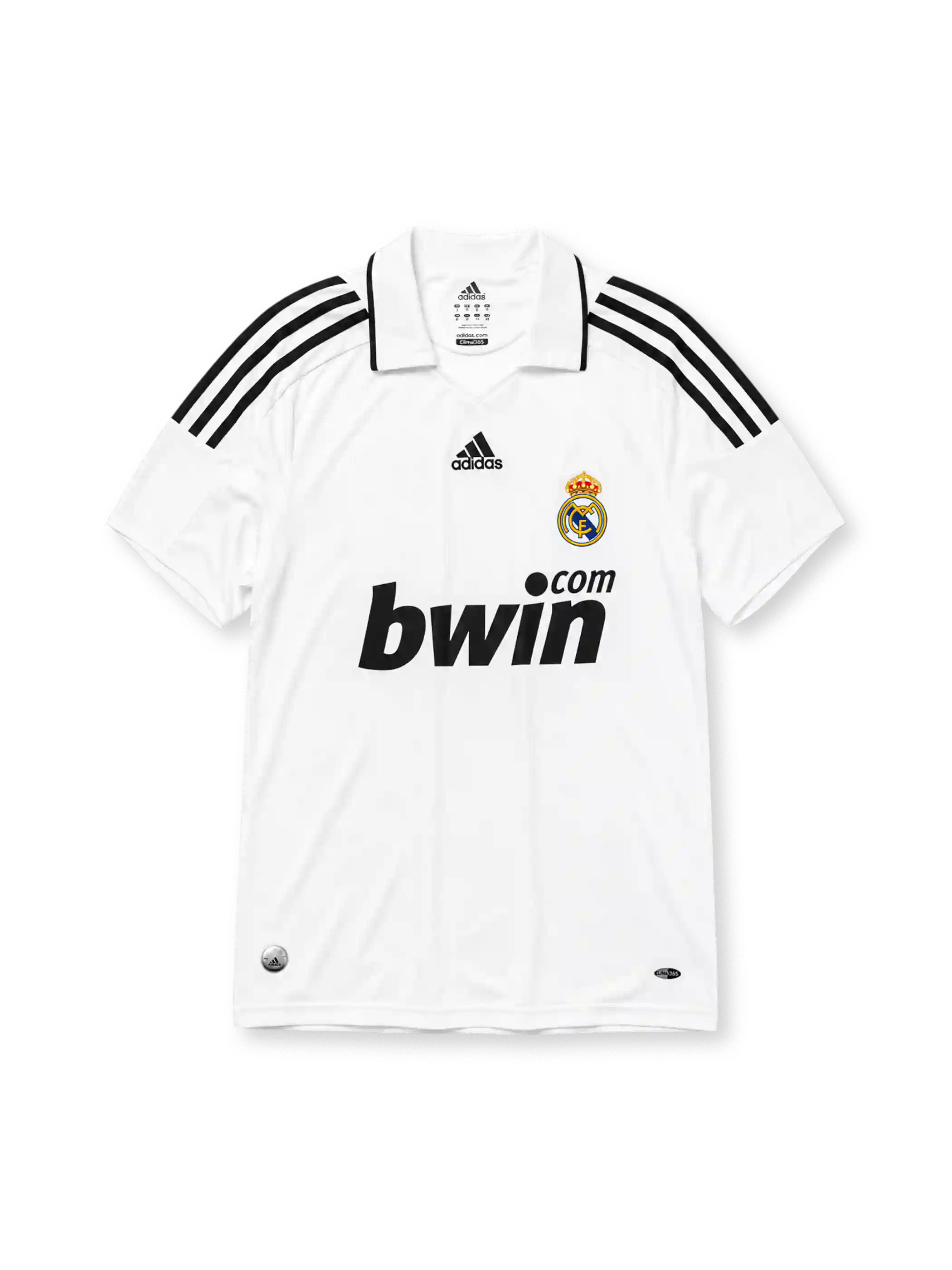 Real Madrid 2008-09 home jersey, front view, white body, black adidas three-stripe shoulder detailing, point collar, adidas logo, club crest, bwin.com sponsor logo, Climacool badge