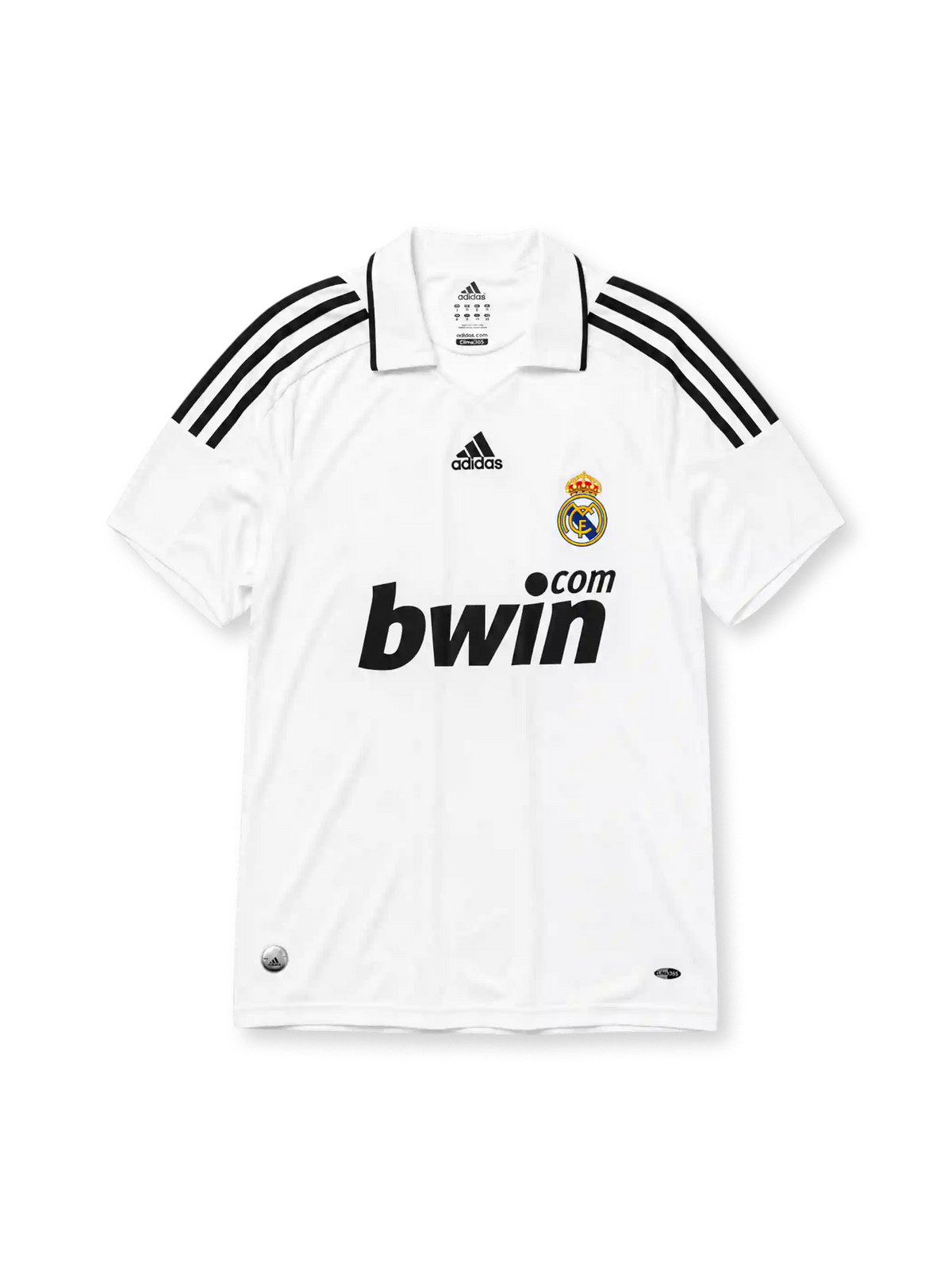 Real Madrid 2008-09 home jersey, front view, white body, black adidas three-stripe shoulder detailing, point collar, adidas logo, club crest, bwin.com sponsor logo, Climacool badge