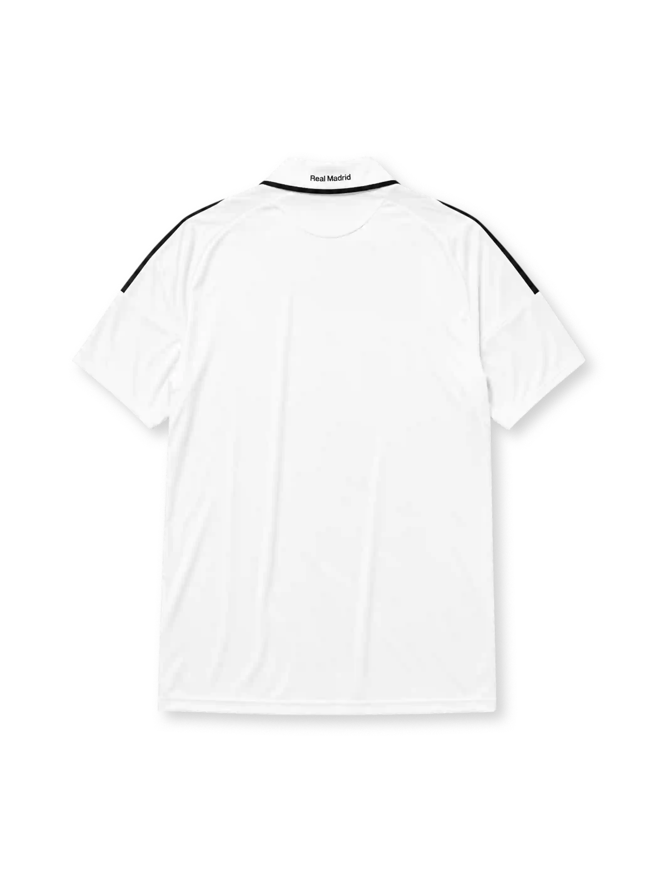Real Madrid 2008-09 home jersey, front view, white body, black adidas three-stripe shoulder detailing, point collar, adidas logo, club crest, bwin.com sponsor logo, Climacool badge