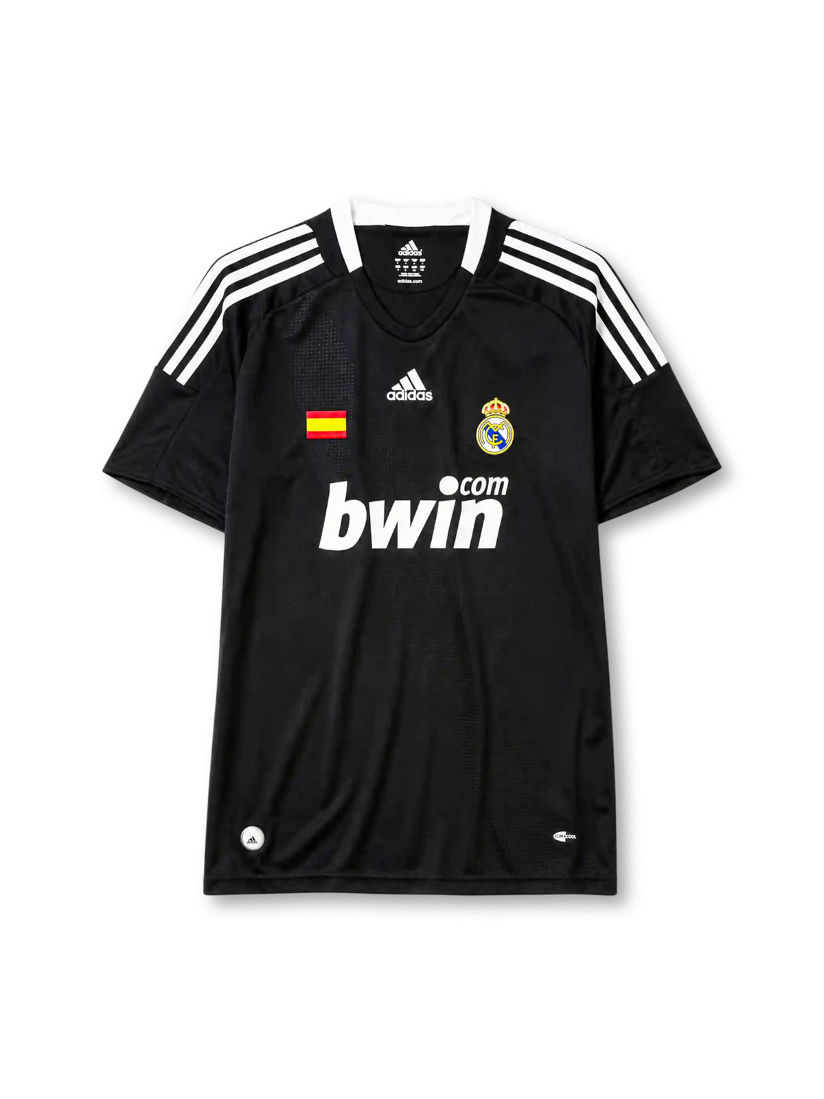 Real Madrid 2008-09 away jersey, front view, black body, white adidas three-stripe shoulder detailing, crew neck collar, Spanish flag patch, adidas logo, club crest, bwin.com sponsor logo, Climacool badge