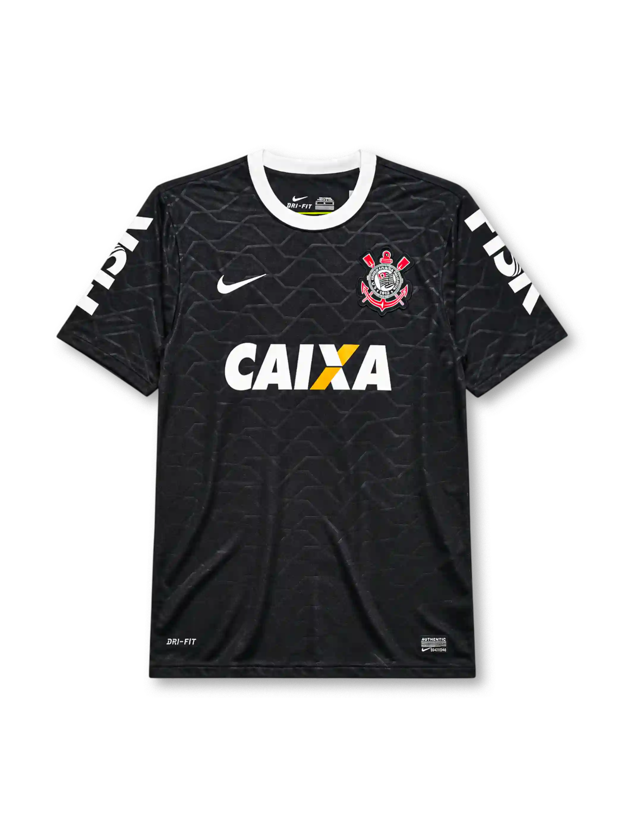 Corinthians 2008 away jersey, front view, black body with tonal hexagon pattern, white crew neck collar, HIGH sleeve text, Nike swoosh, club crest, CAIXA sponsor logo